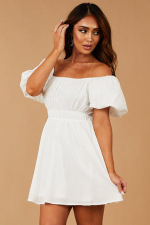 White Off the Shoulder Puff Sleeve Mini Dress