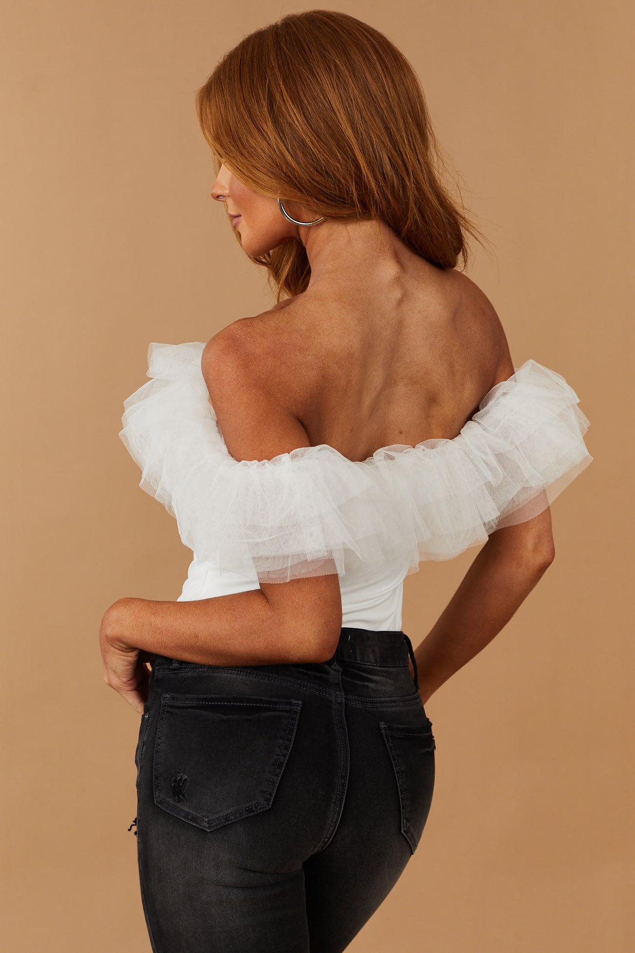 White Off the Shoulder Ruffle Mesh Bodysuit