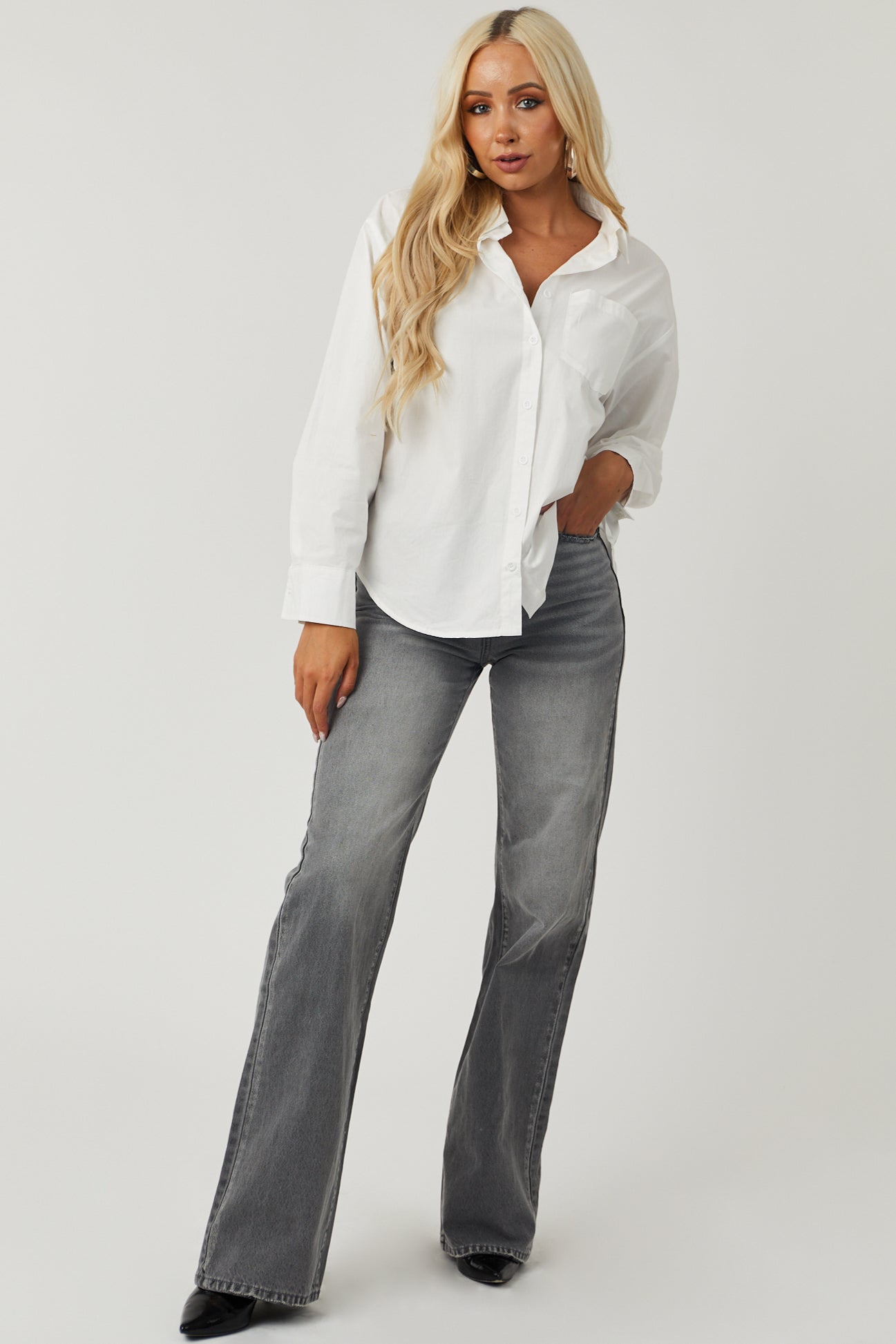 White Oversized Long Sleeve Button Down Blouse