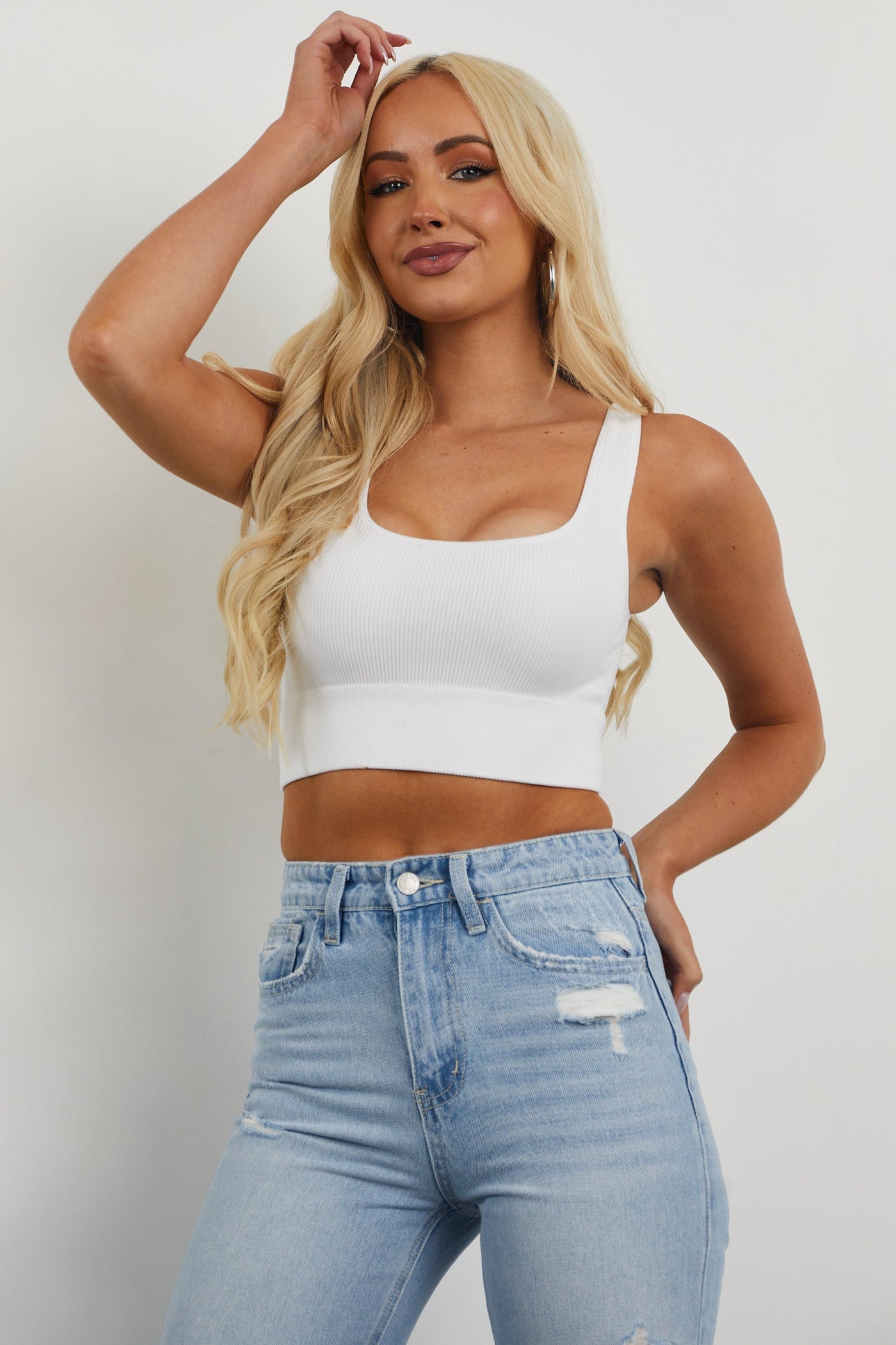 White Ribbed Knit Square Neck Padded Brami