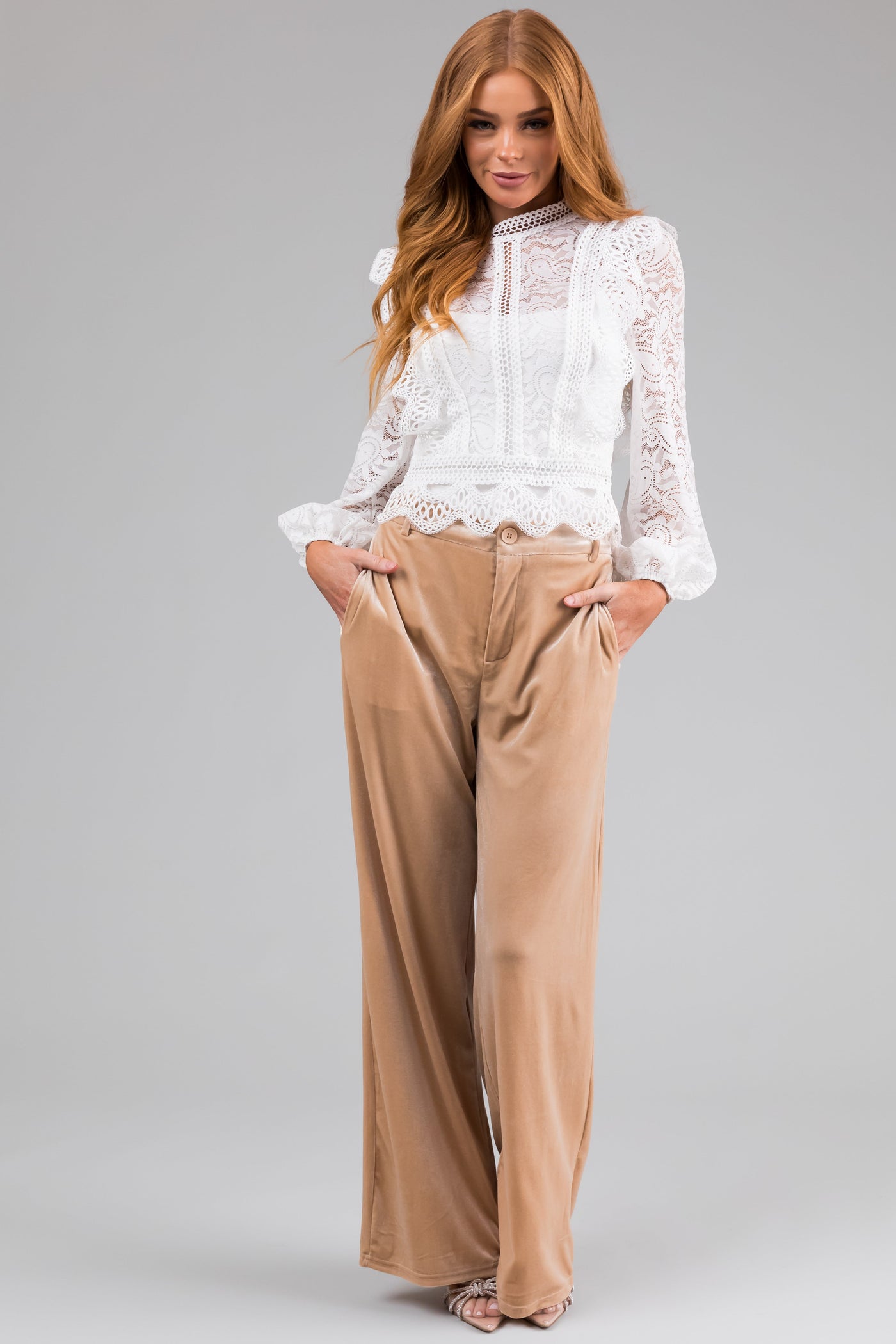 White Sheer Lace Long Bubble Sleeve Blouse