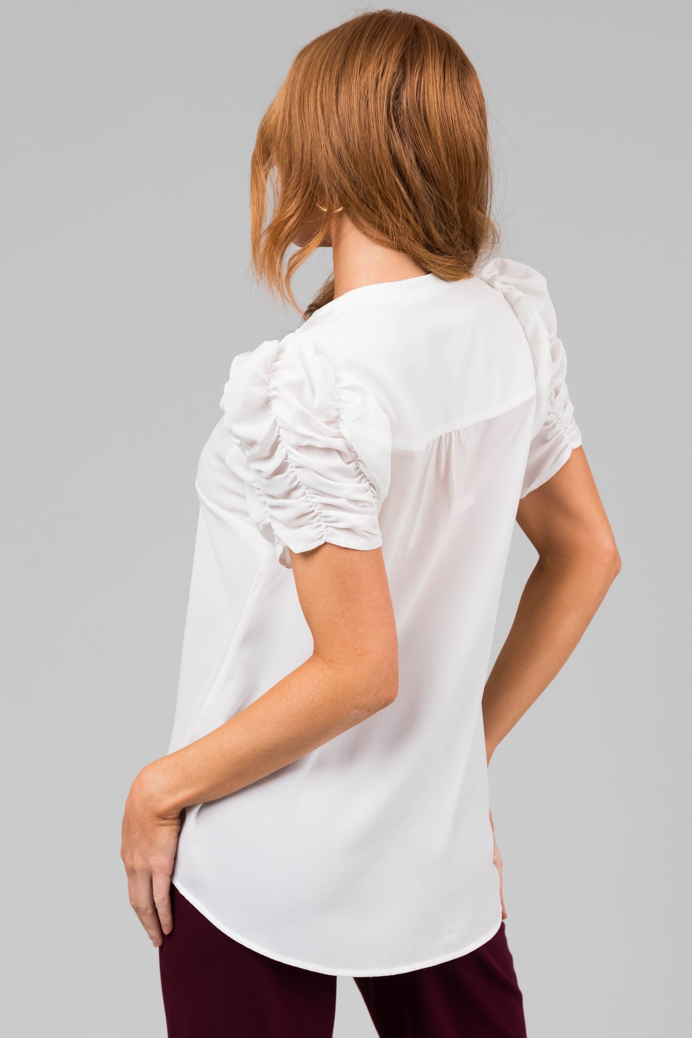 White Short Ruched Sleeve V Neck Blouse