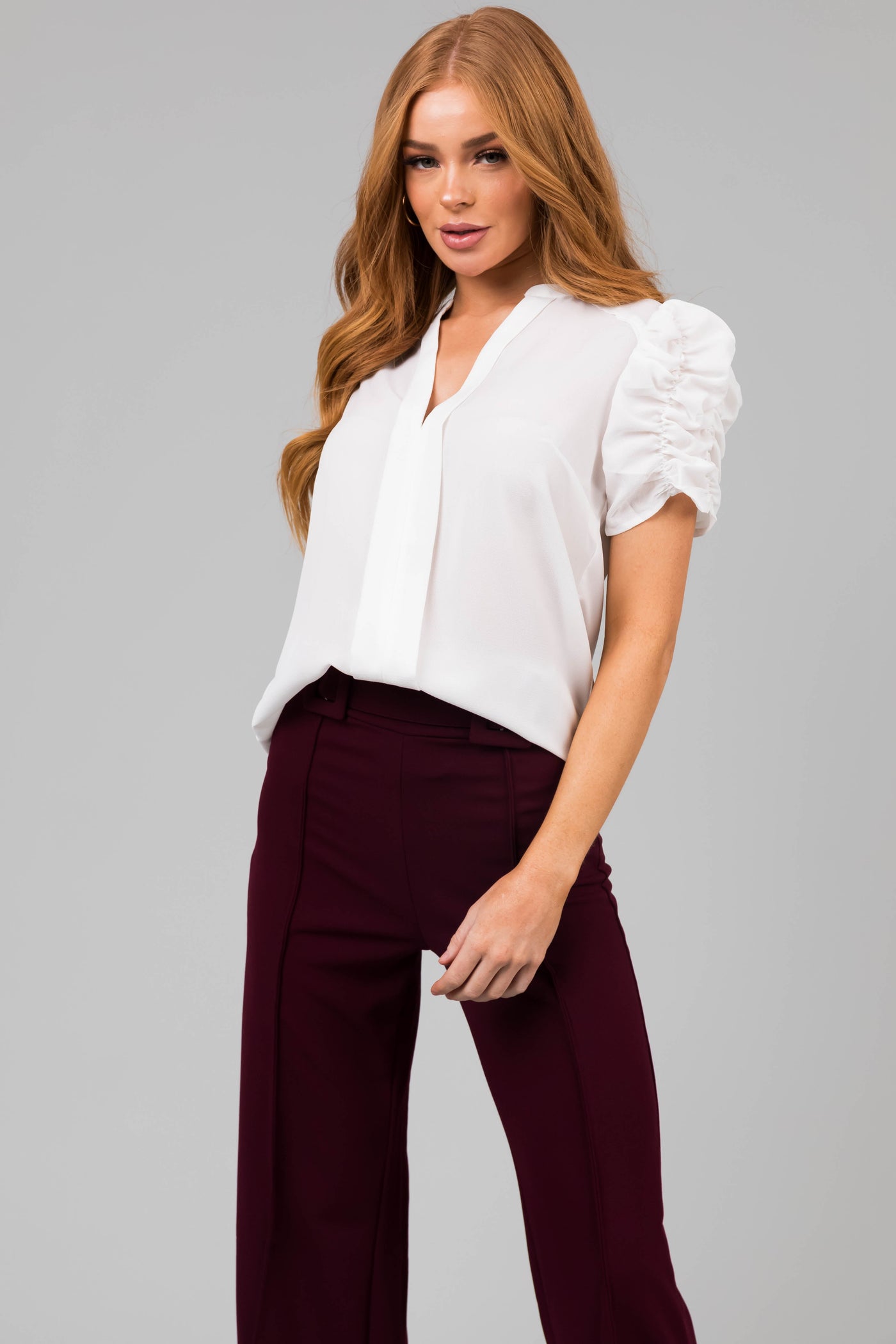 White Short Ruched Sleeve V Neck Blouse