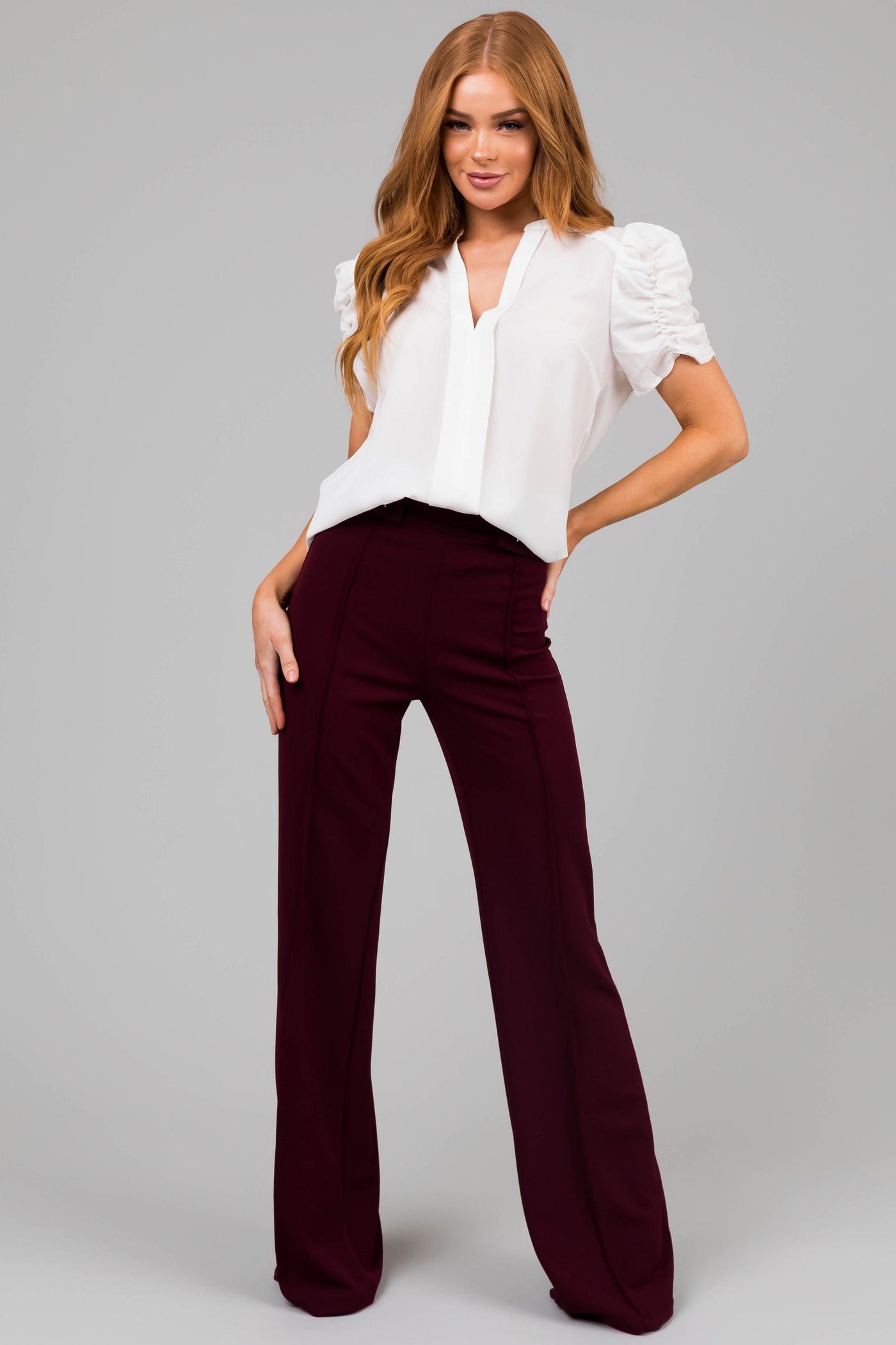 White Short Ruched Sleeve V Neck Blouse