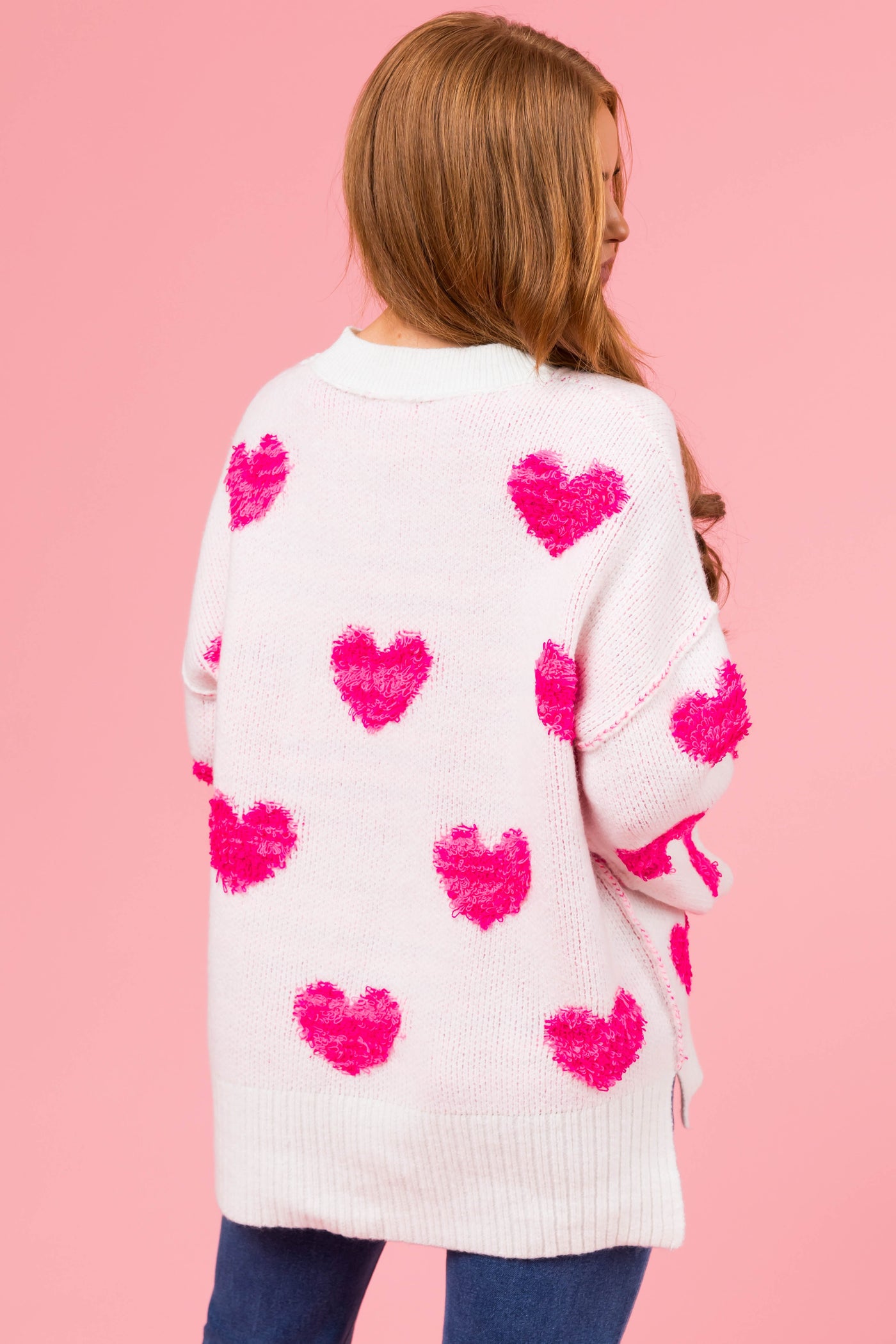 White Yarn Heart Pattern Knit Sweater