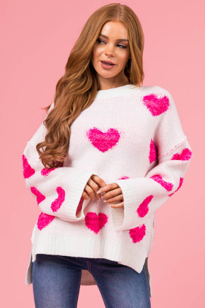 White Yarn Heart Pattern Knit Sweater