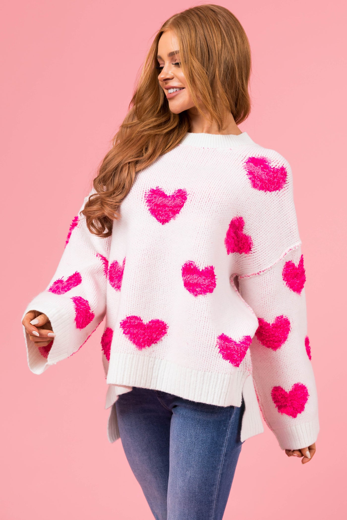 White Yarn Heart Pattern Knit Sweater