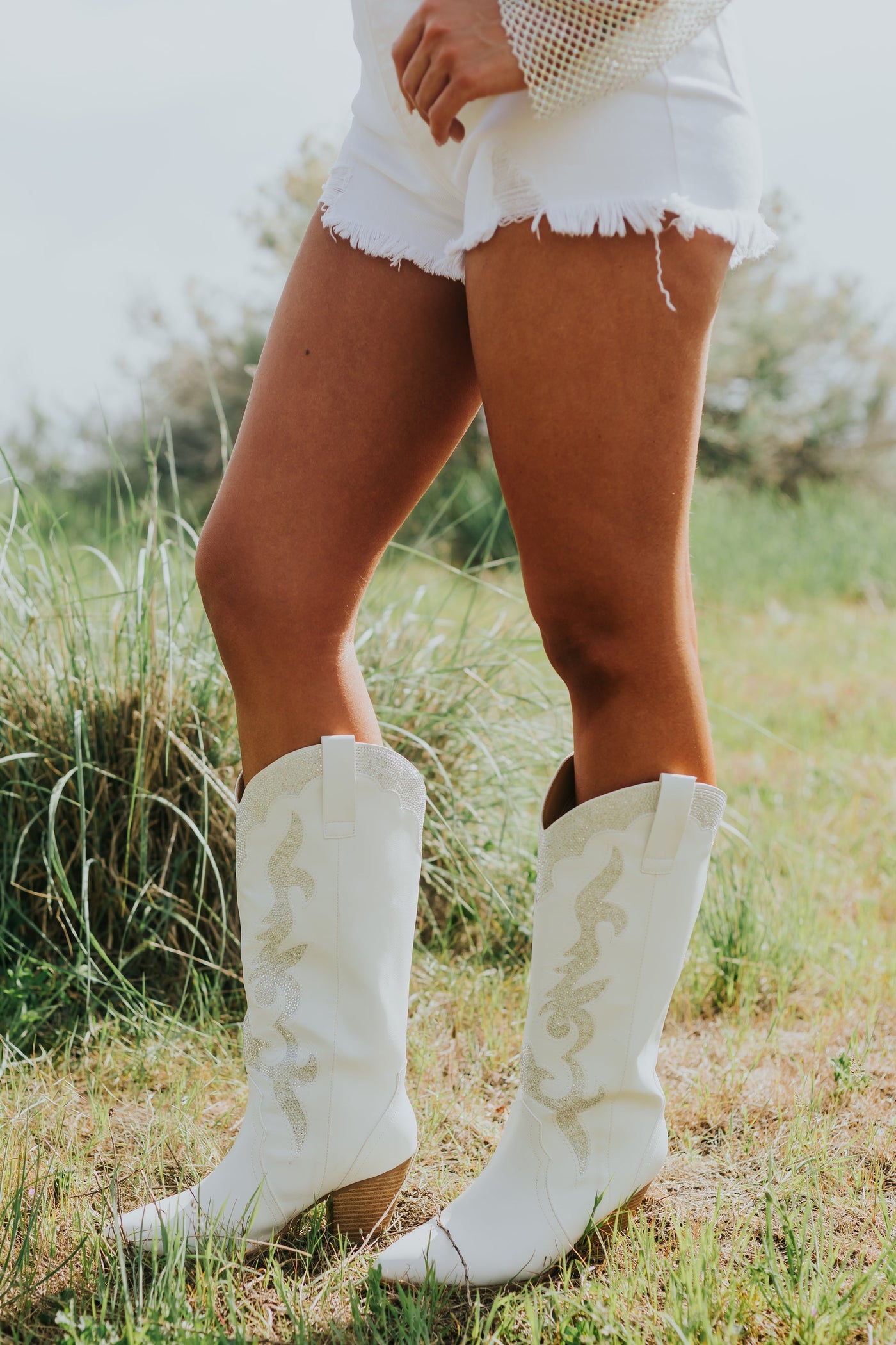 White Rhinestone Embellished Western Boots