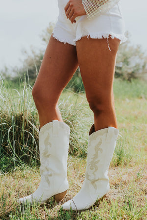 White Rhinestone Embellished Western Boots