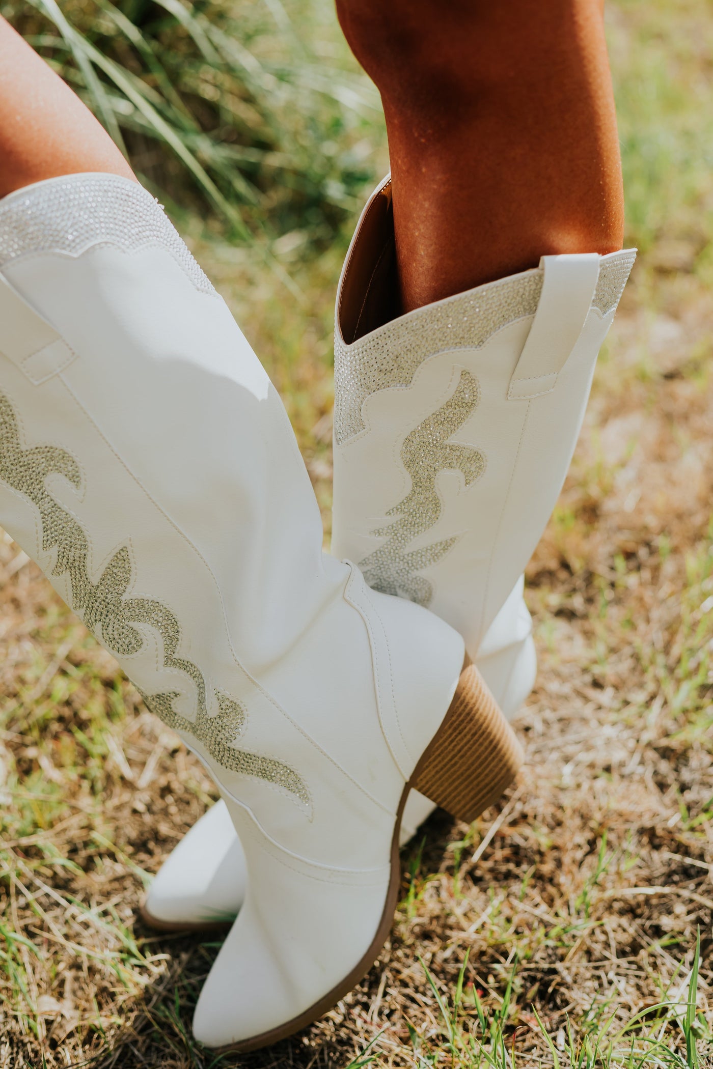 White Rhinestone Embellished Western Boots