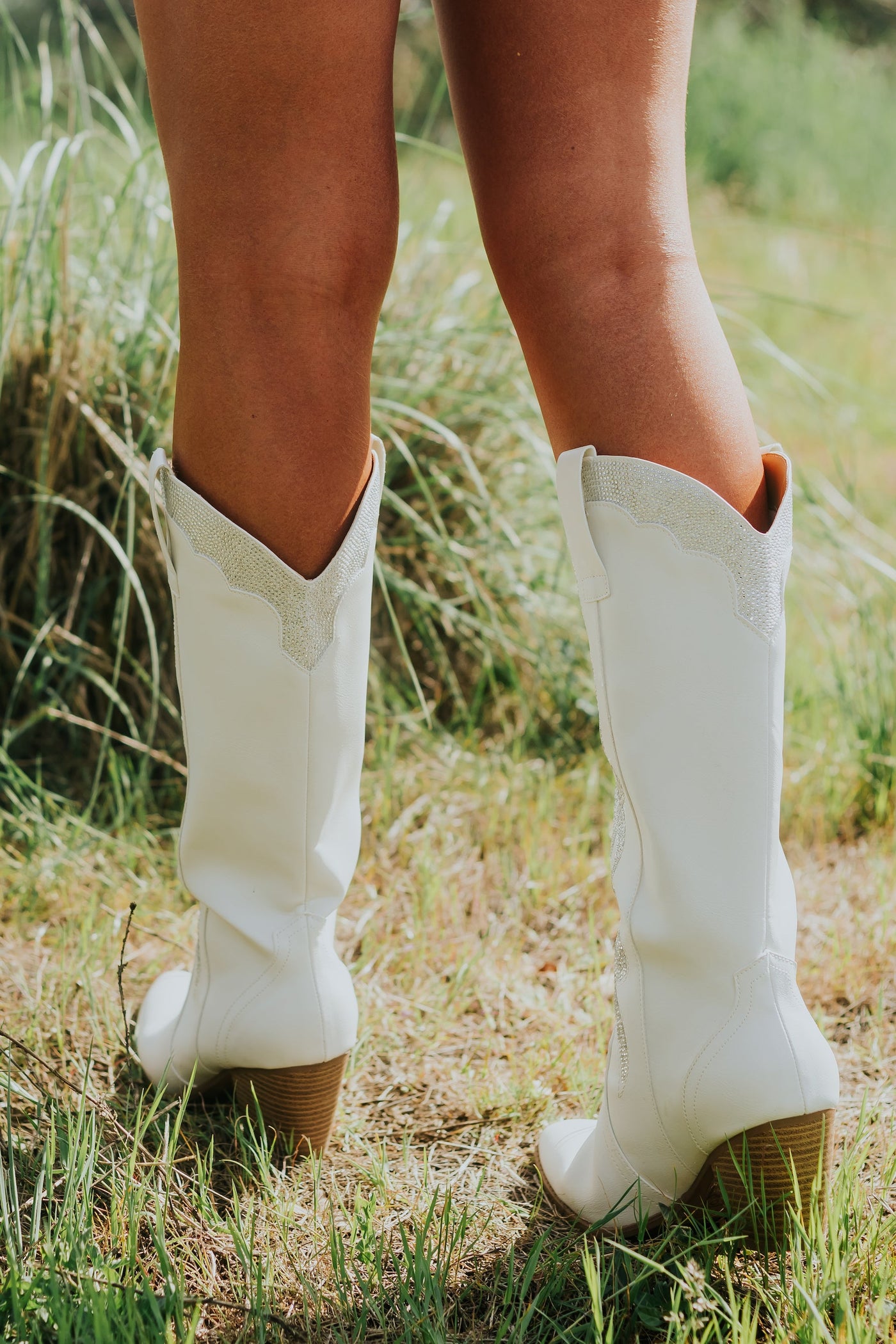 White Rhinestone Embellished Western Boots