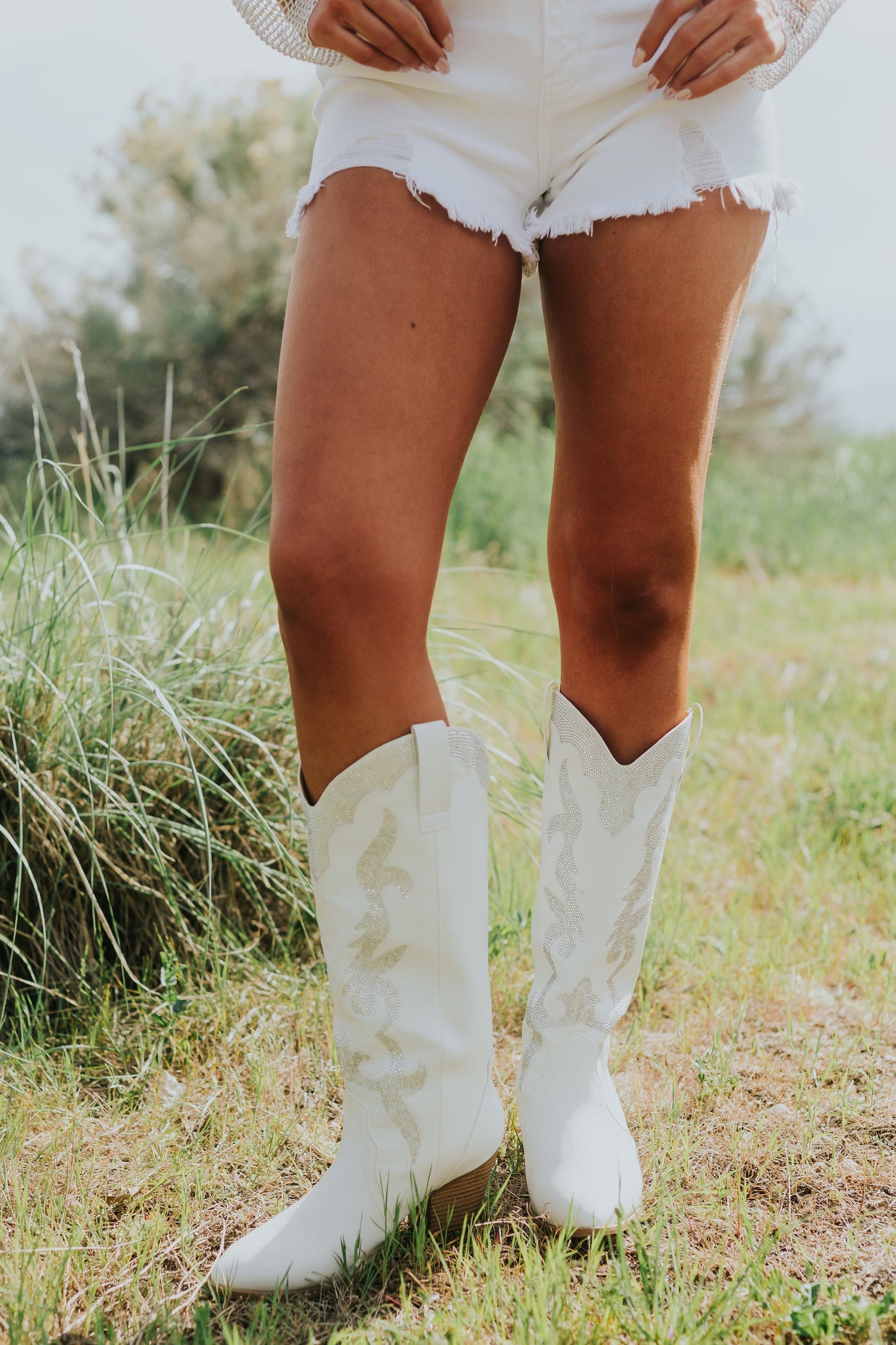 White Rhinestone Embellished Western Boots