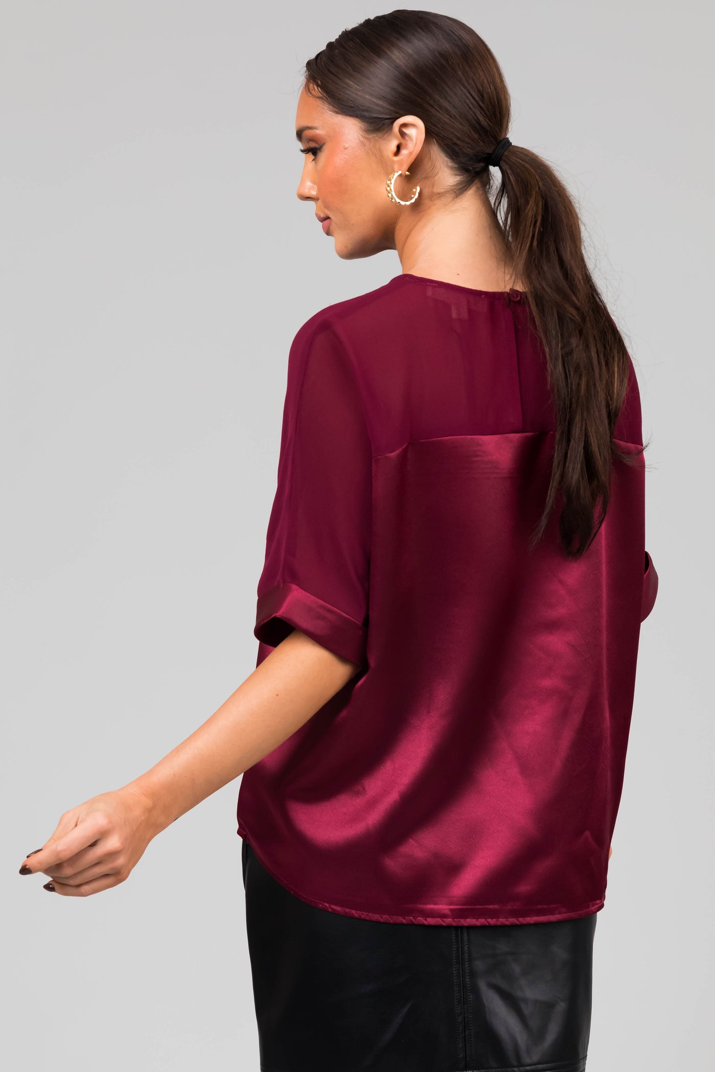 Wine Contrast Yoke Cuffed Sleeve Satin Blouse