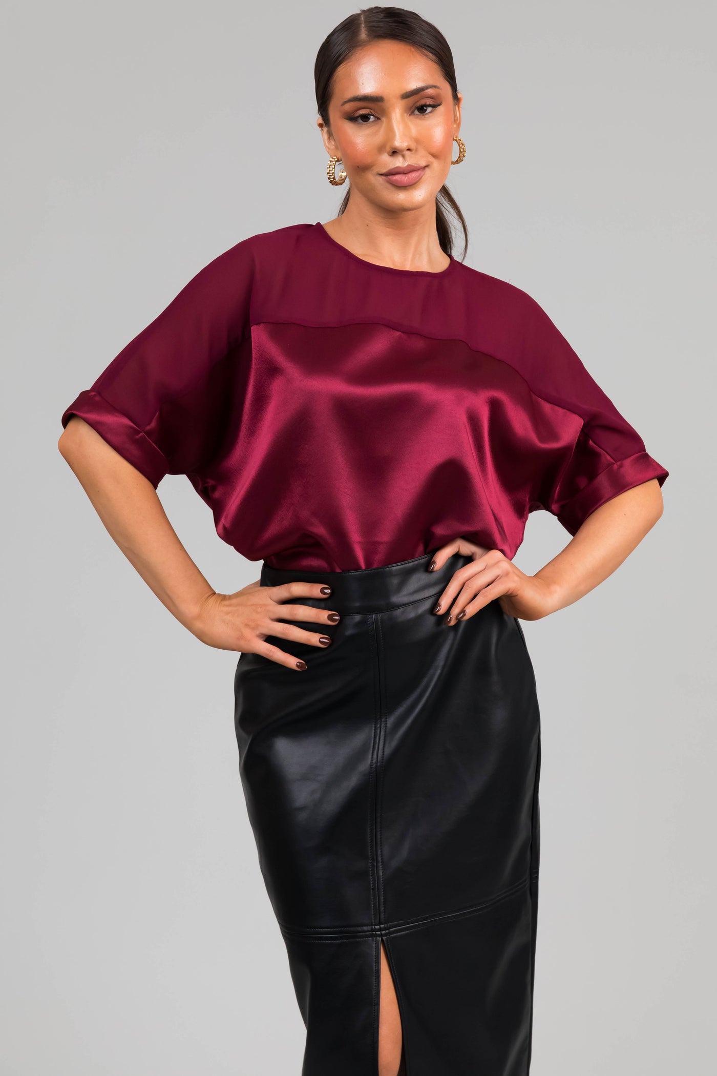 Wine Contrast Yoke Cuffed Sleeve Satin Blouse