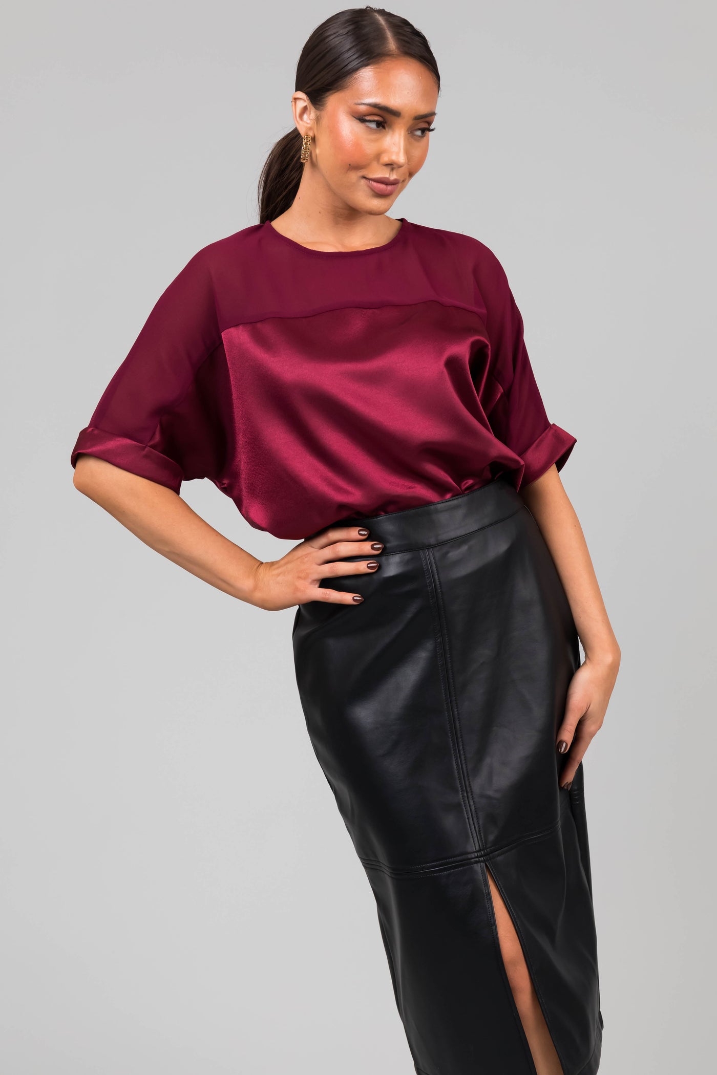 Wine Contrast Yoke Cuffed Sleeve Satin Blouse
