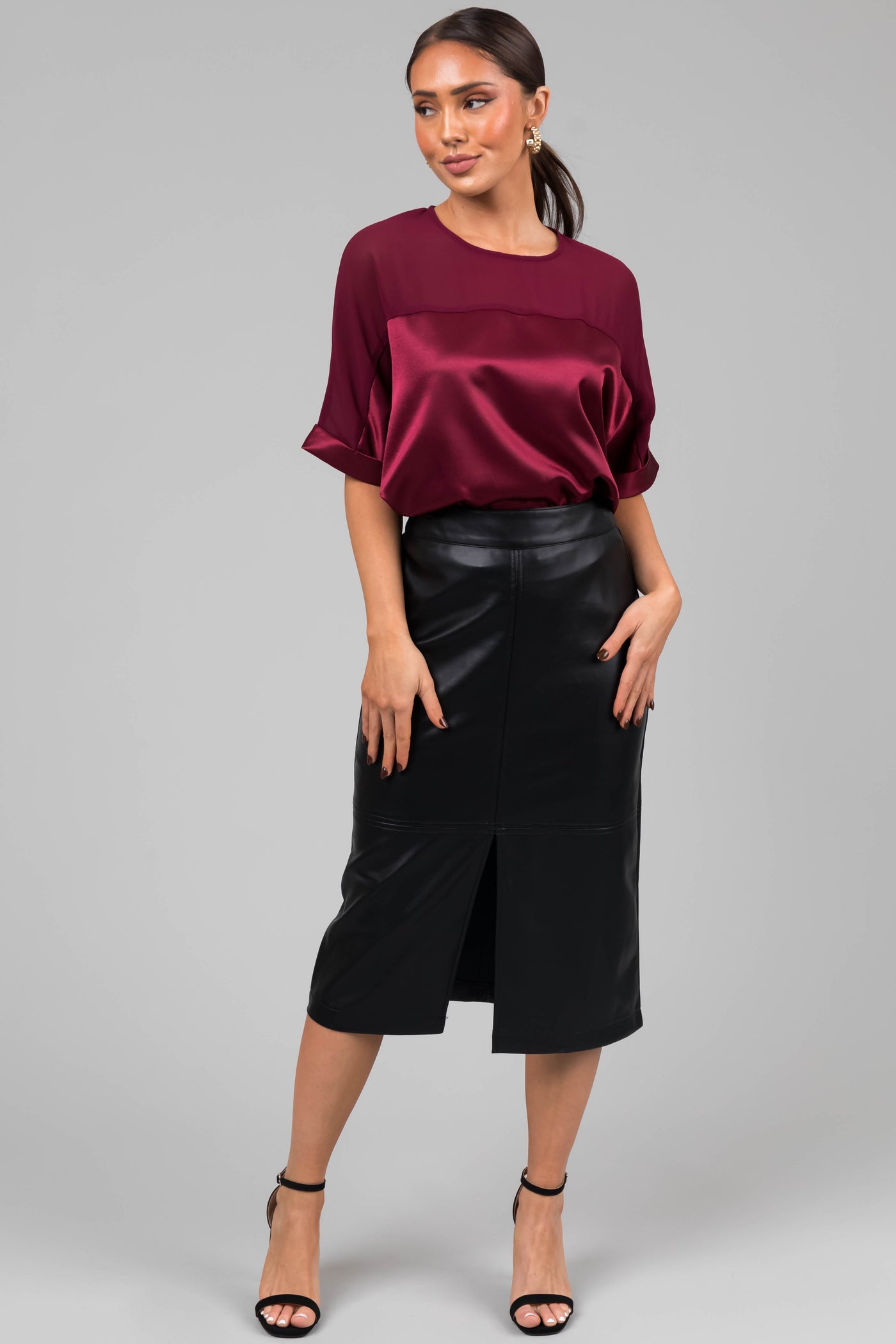Wine Contrast Yoke Cuffed Sleeve Satin Blouse