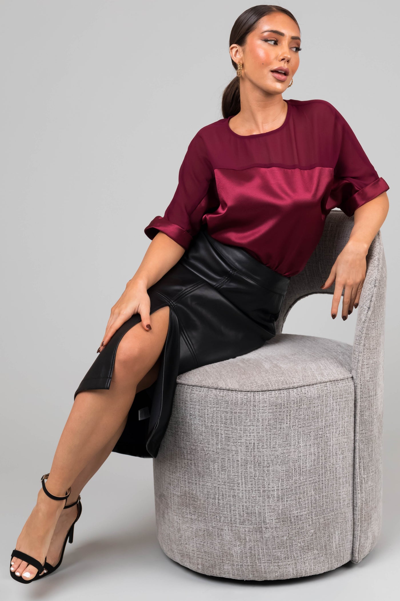 Wine Contrast Yoke Cuffed Sleeve Satin Blouse