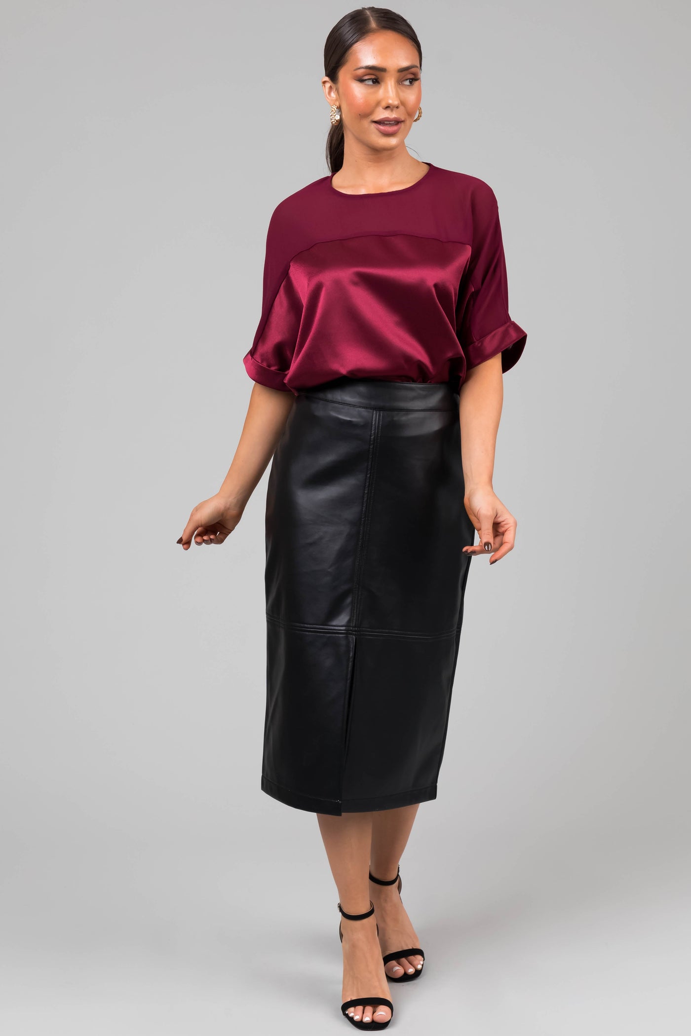 Wine Contrast Yoke Cuffed Sleeve Satin Blouse