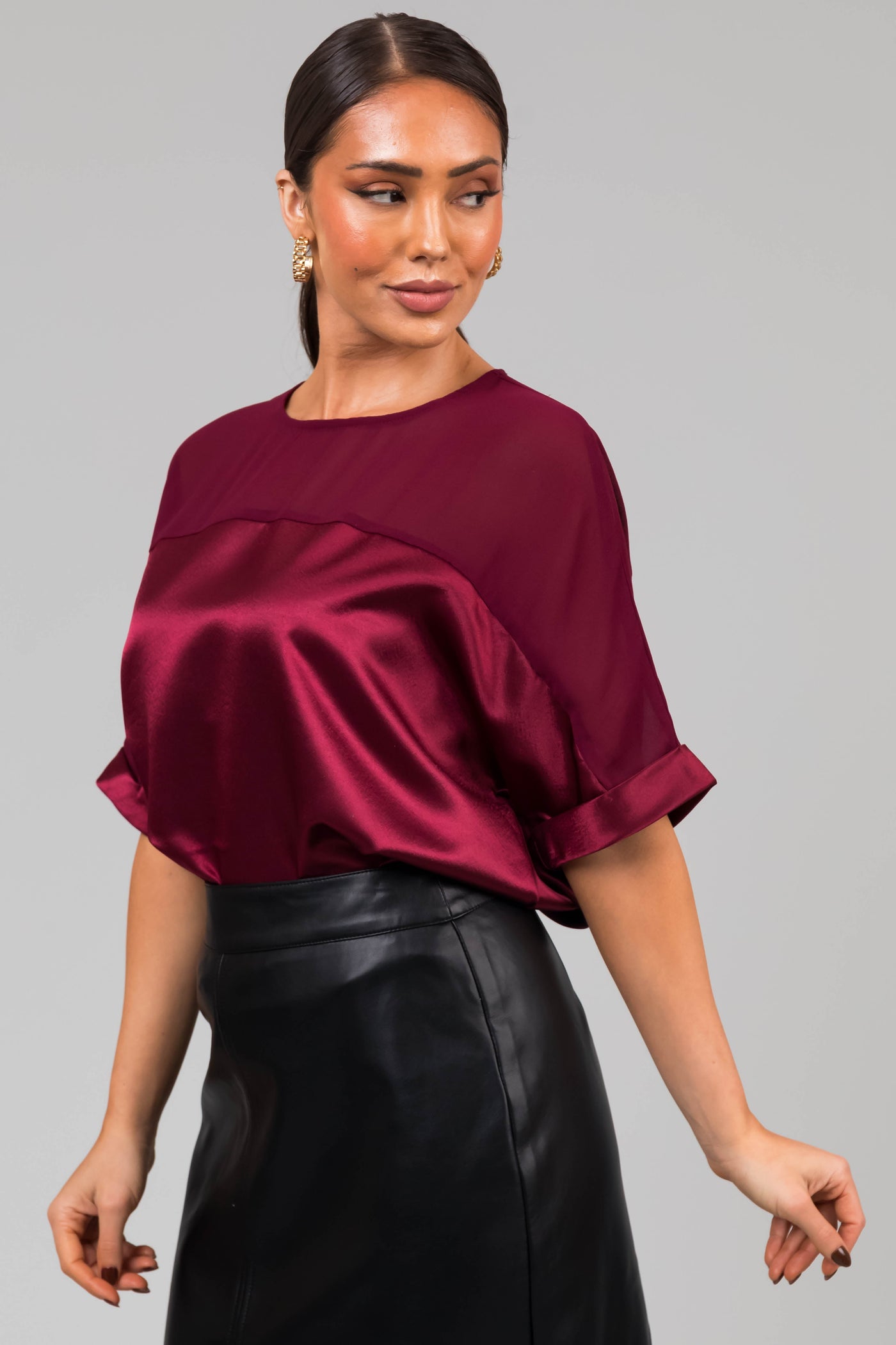 Wine Contrast Yoke Cuffed Sleeve Satin Blouse