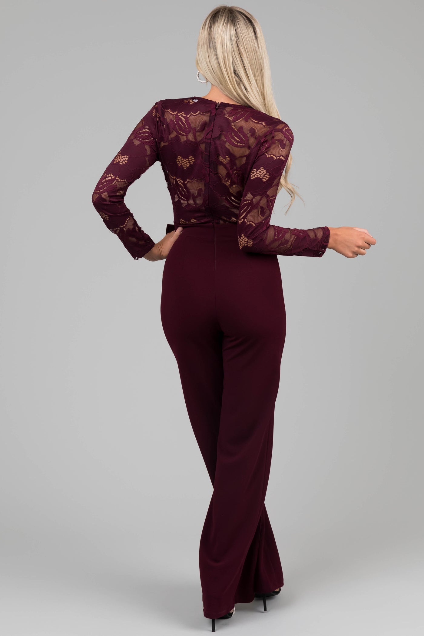 Wine Deep V Lace Belted Jumpsuit