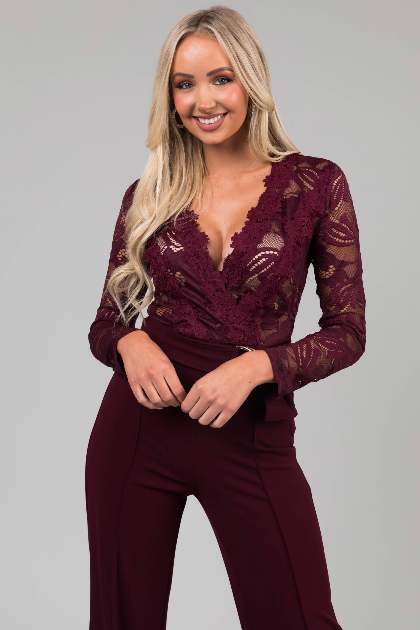 Wine Deep V Lace Belted Jumpsuit