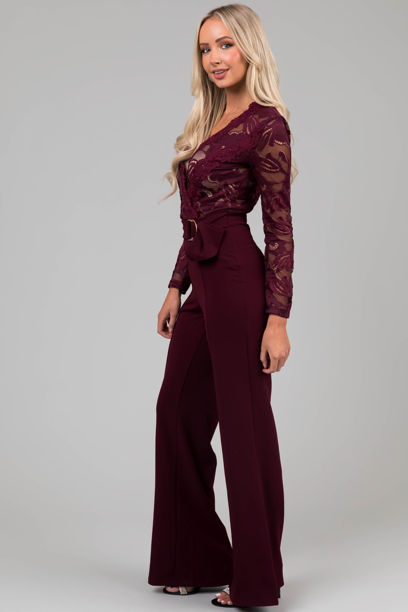 Wine Deep V Lace Belted Jumpsuit