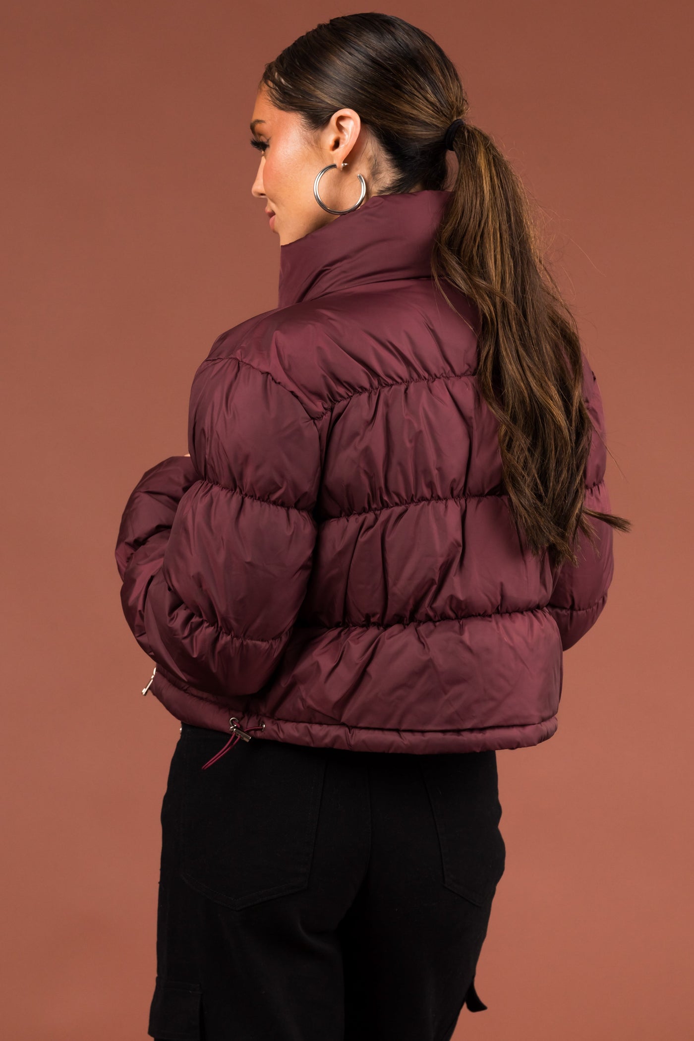 Wine Drawstring Hem Cropped Puffer Jacket