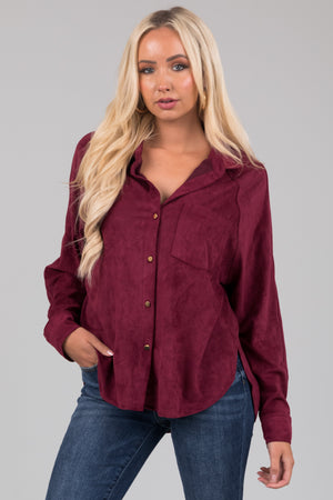 Wine Faux Suede Button Up Long Sleeve Shirt