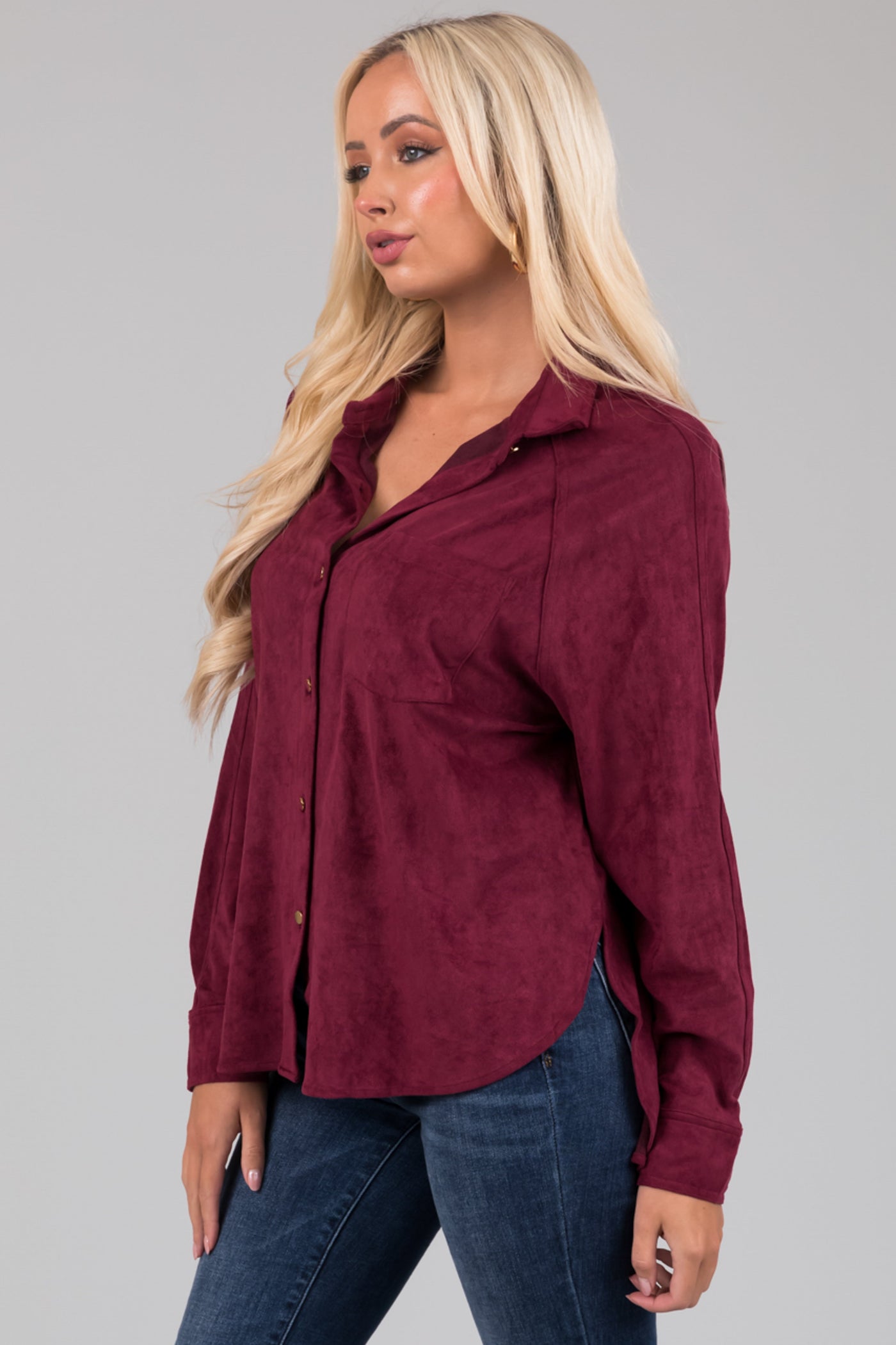 Wine Faux Suede Button Up Long Sleeve Shirt