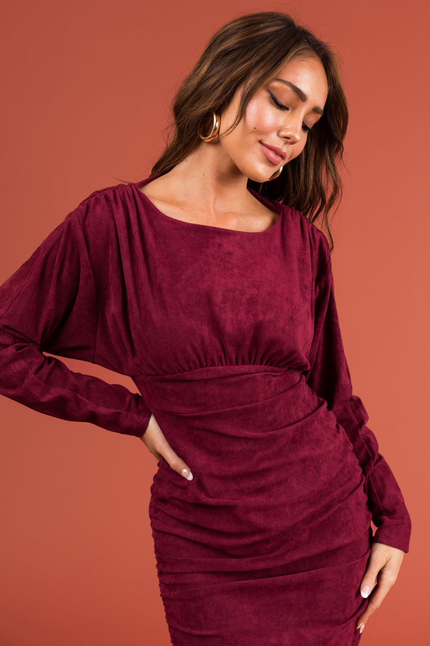 Wine Faux Suede Ruched Long Sleeve Mini Dress