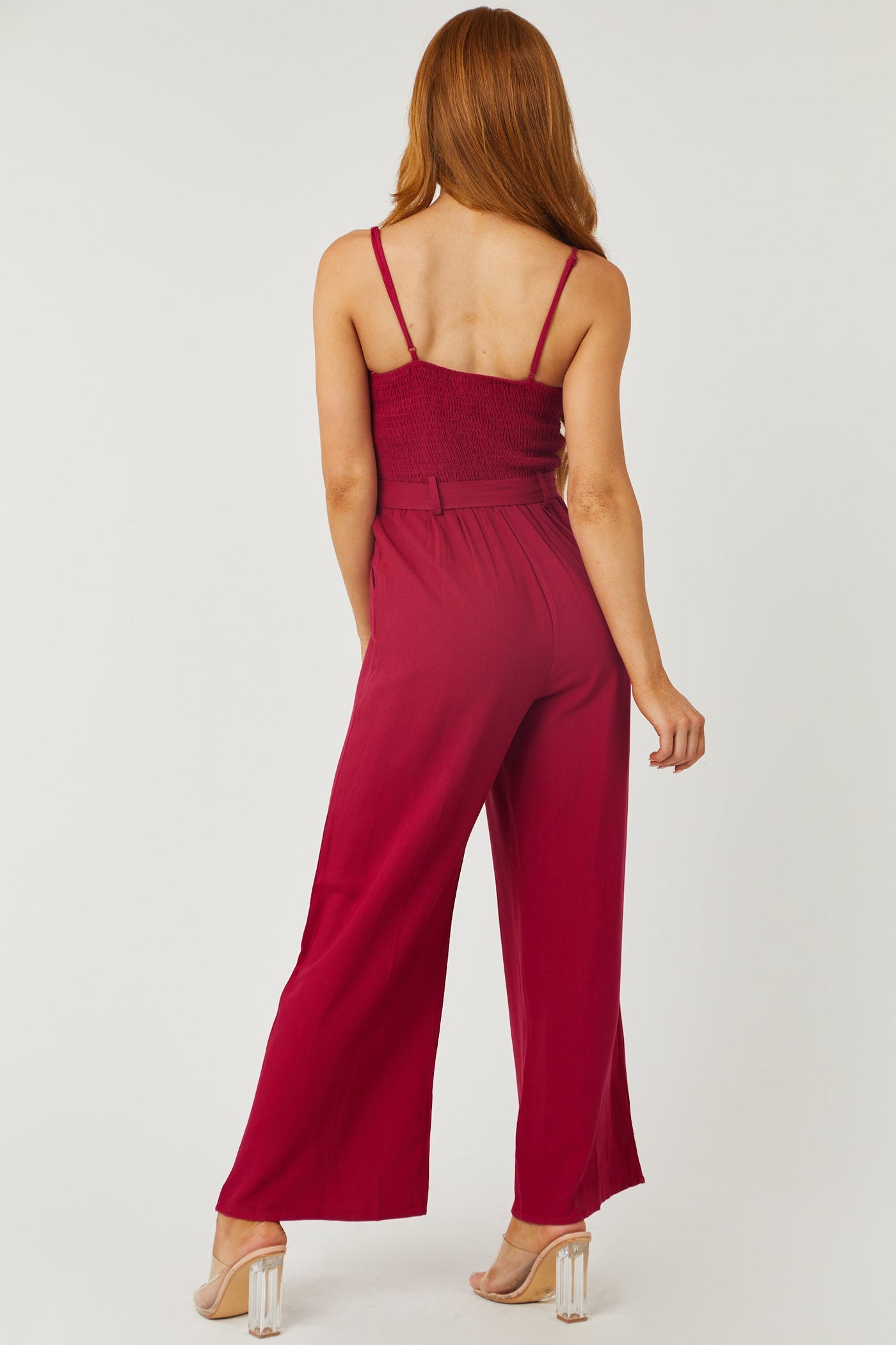 Wine Sleeveless Smocked Jumpsuit with Waist Tie
