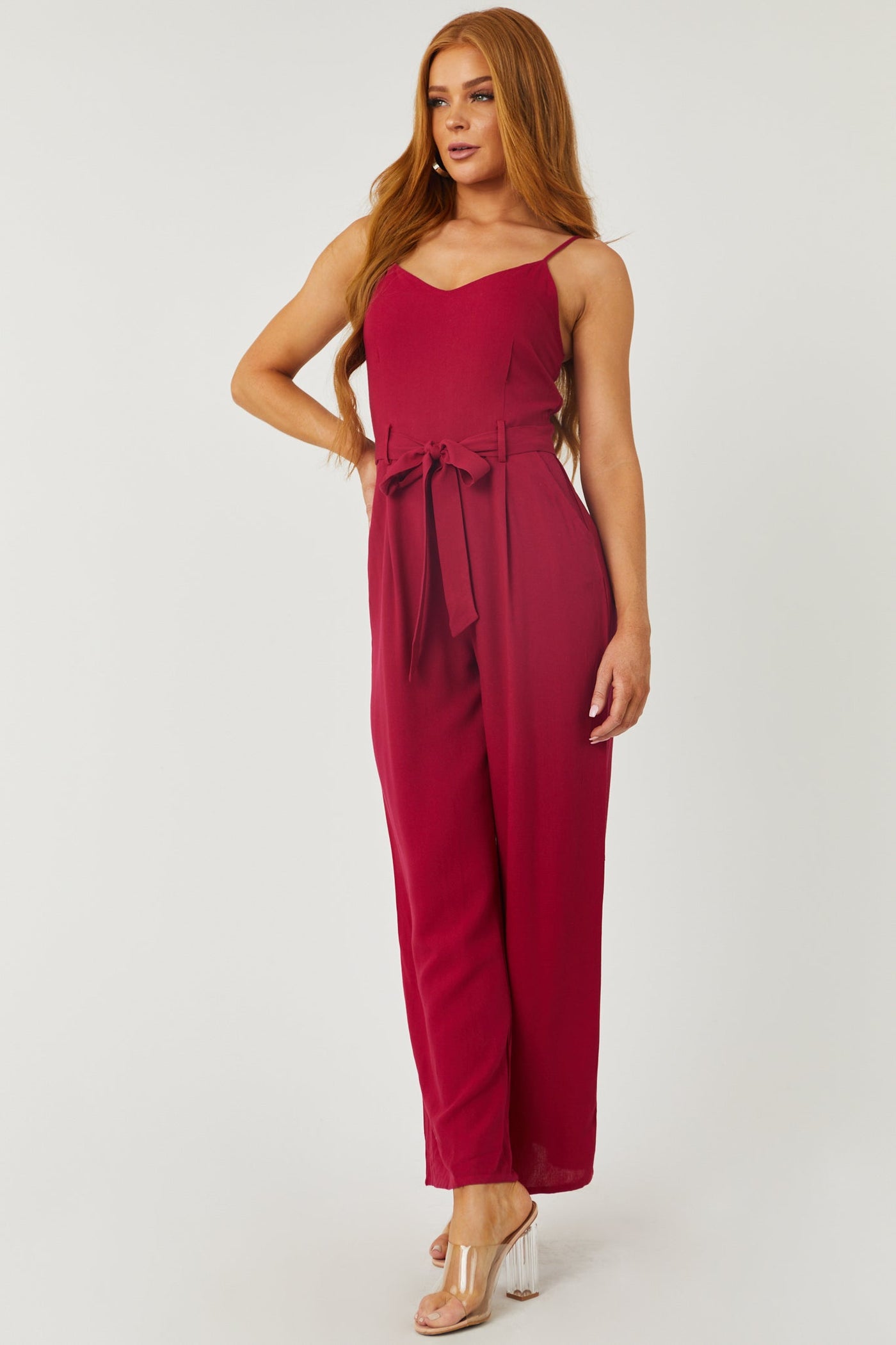 Wine Sleeveless Smocked Jumpsuit with Waist Tie