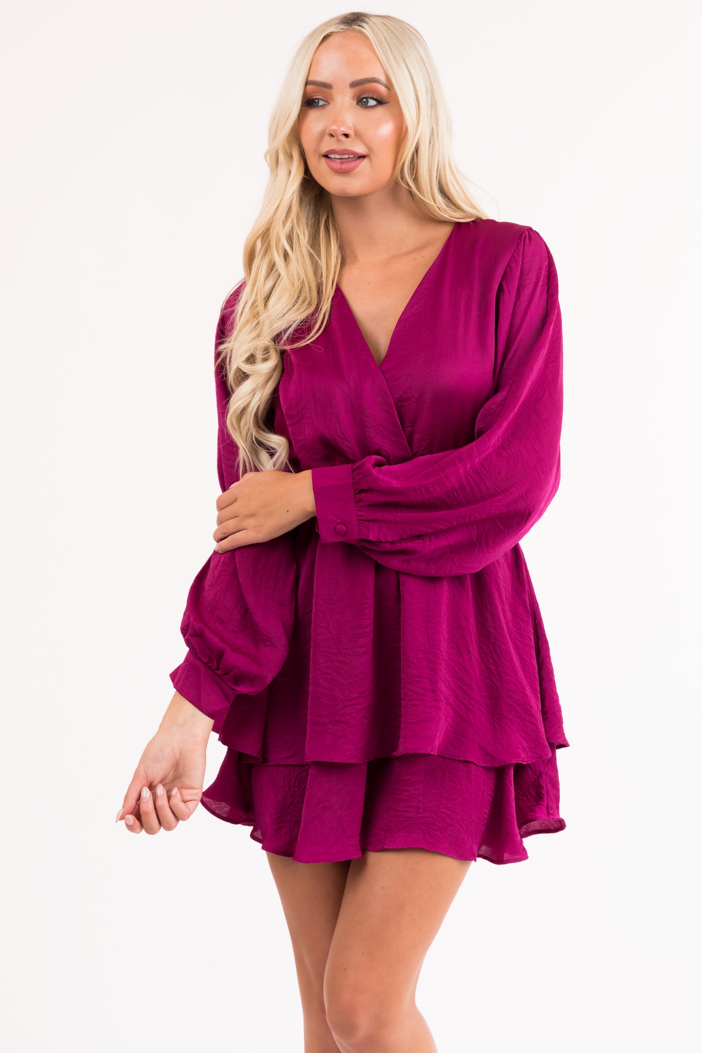 Wine Surplice Front Long Sleeve Satin Dress