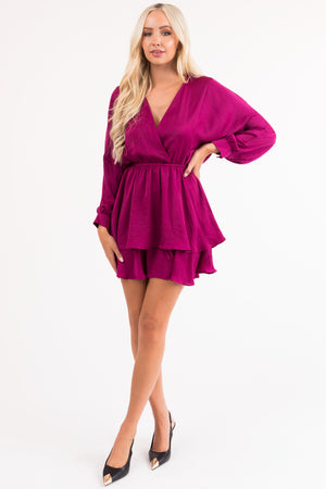 Wine Surplice Front Long Sleeve Satin Dress