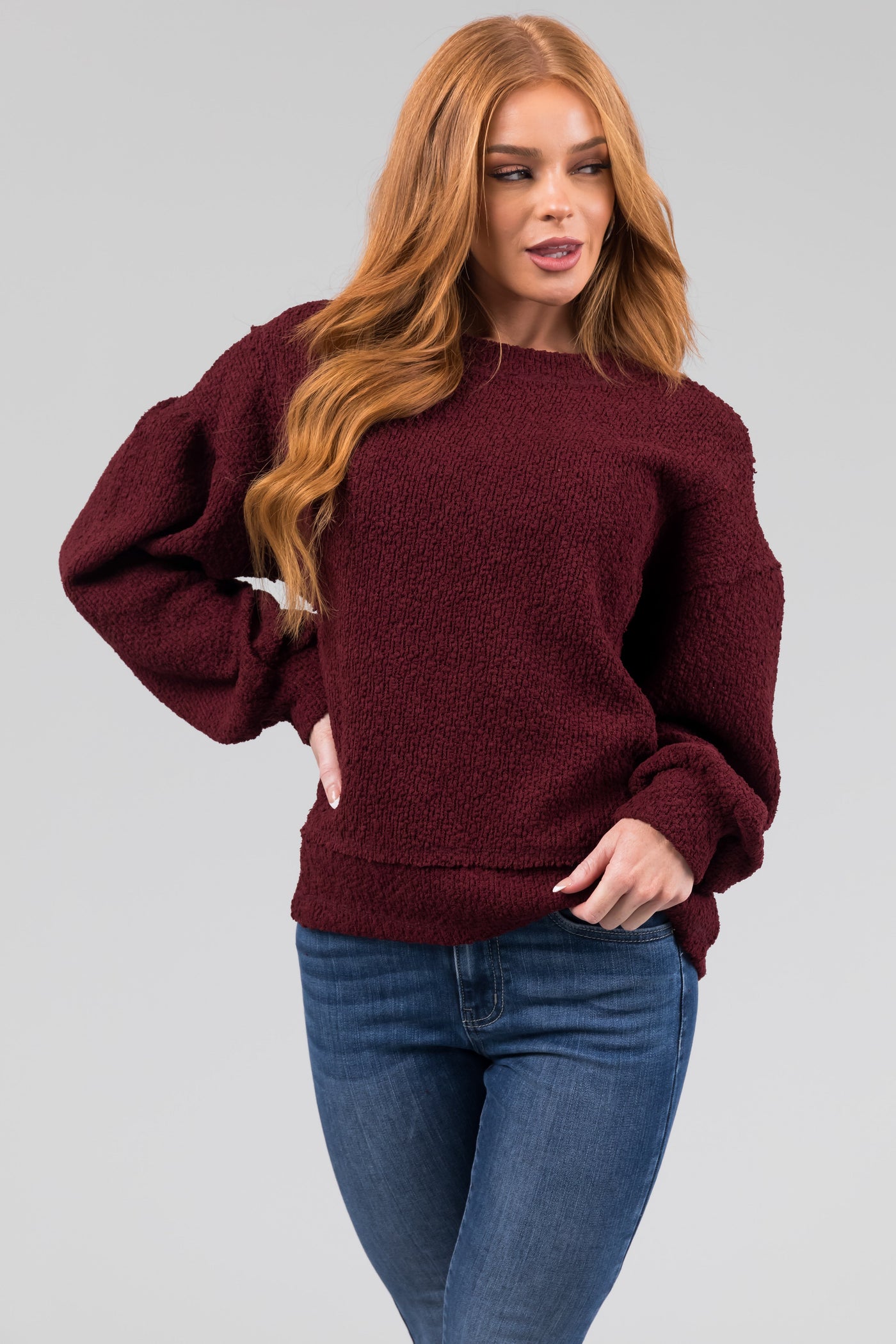 Wine Textured Long Sleeve Sweater