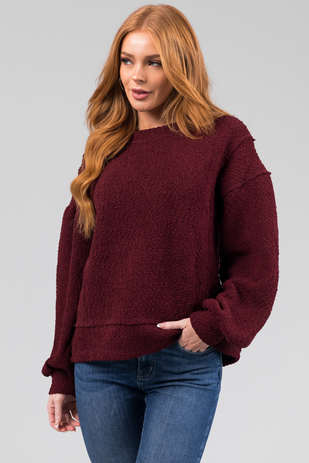 Wine Textured Long Sleeve Sweater