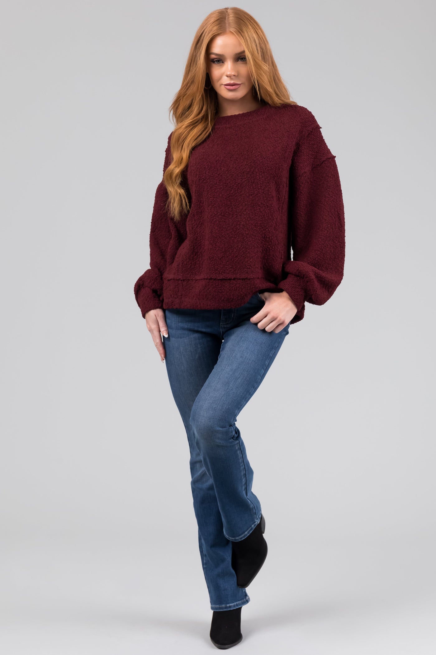 Wine Textured Long Sleeve Sweater