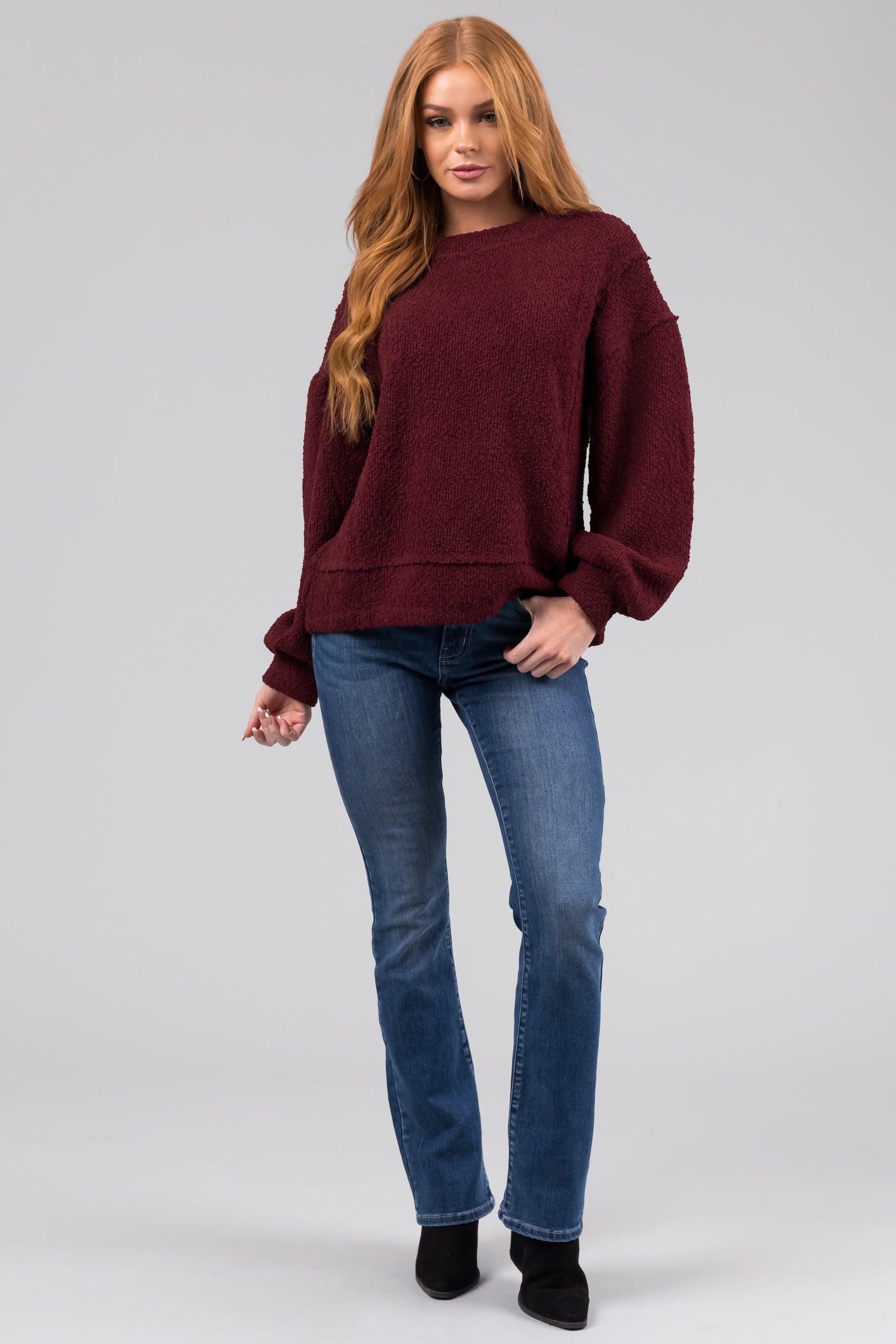 Wine Textured Long Sleeve Sweater