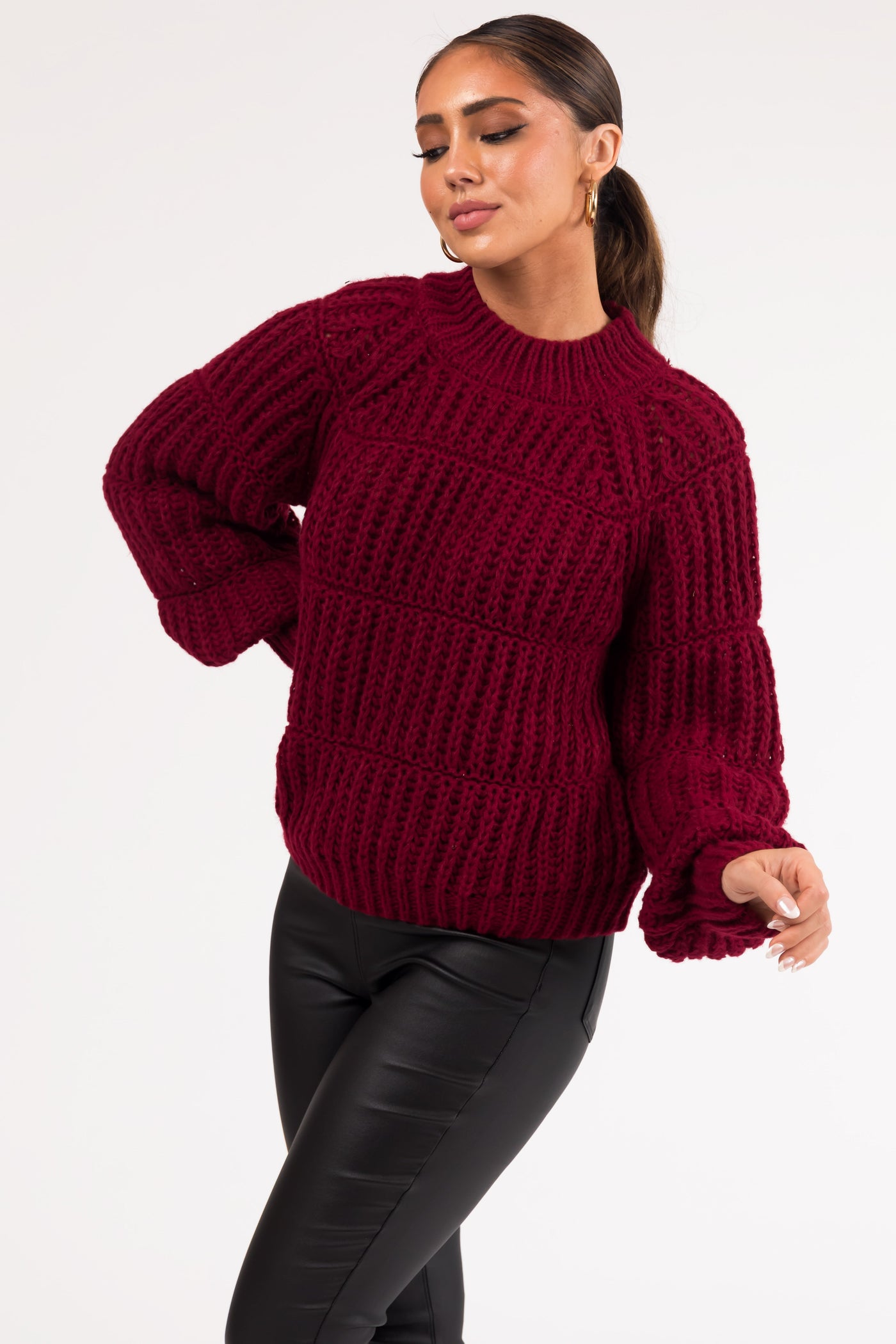 Wine Thick Crochet Knit Tiered Sweater