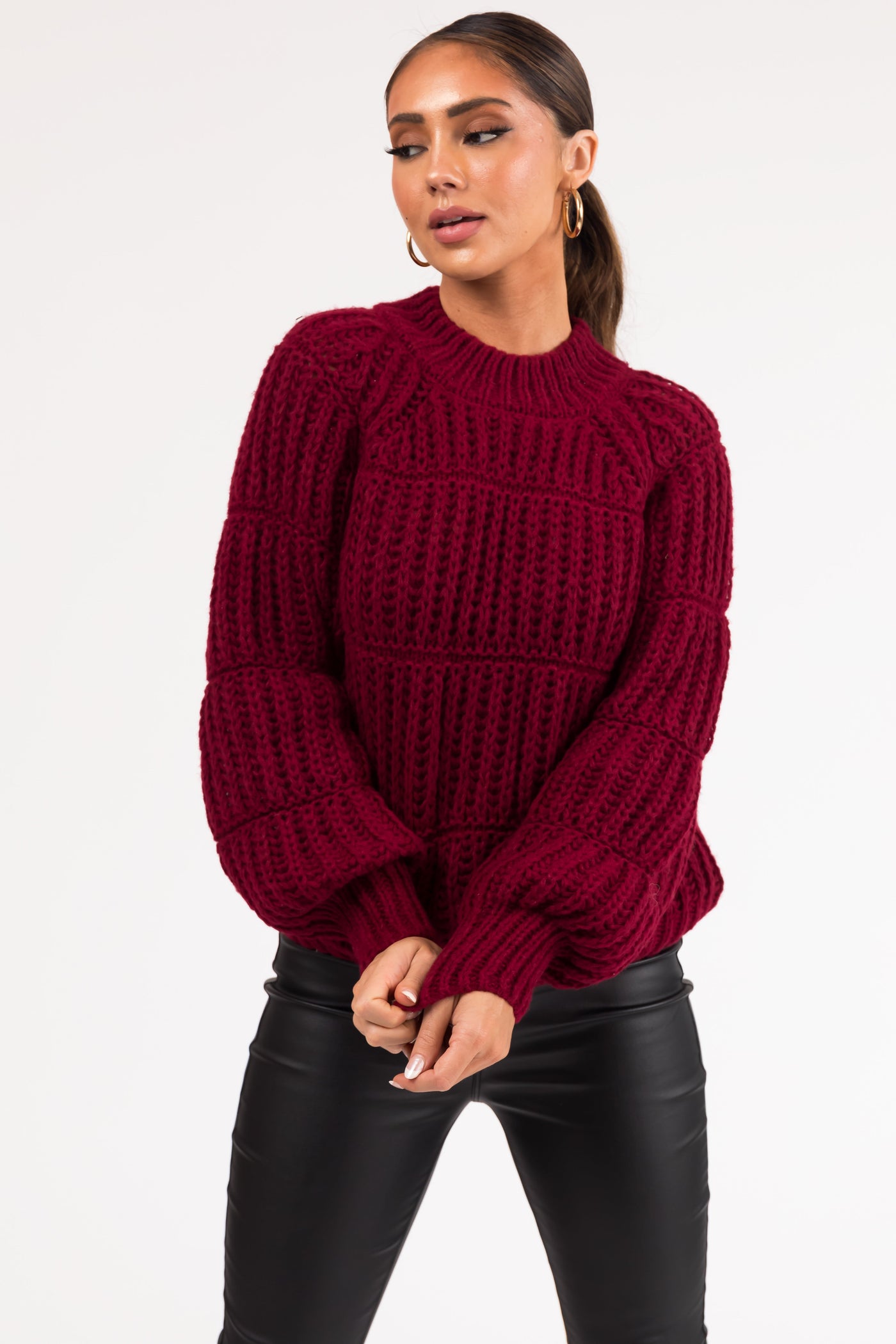 Wine Thick Crochet Knit Tiered Sweater