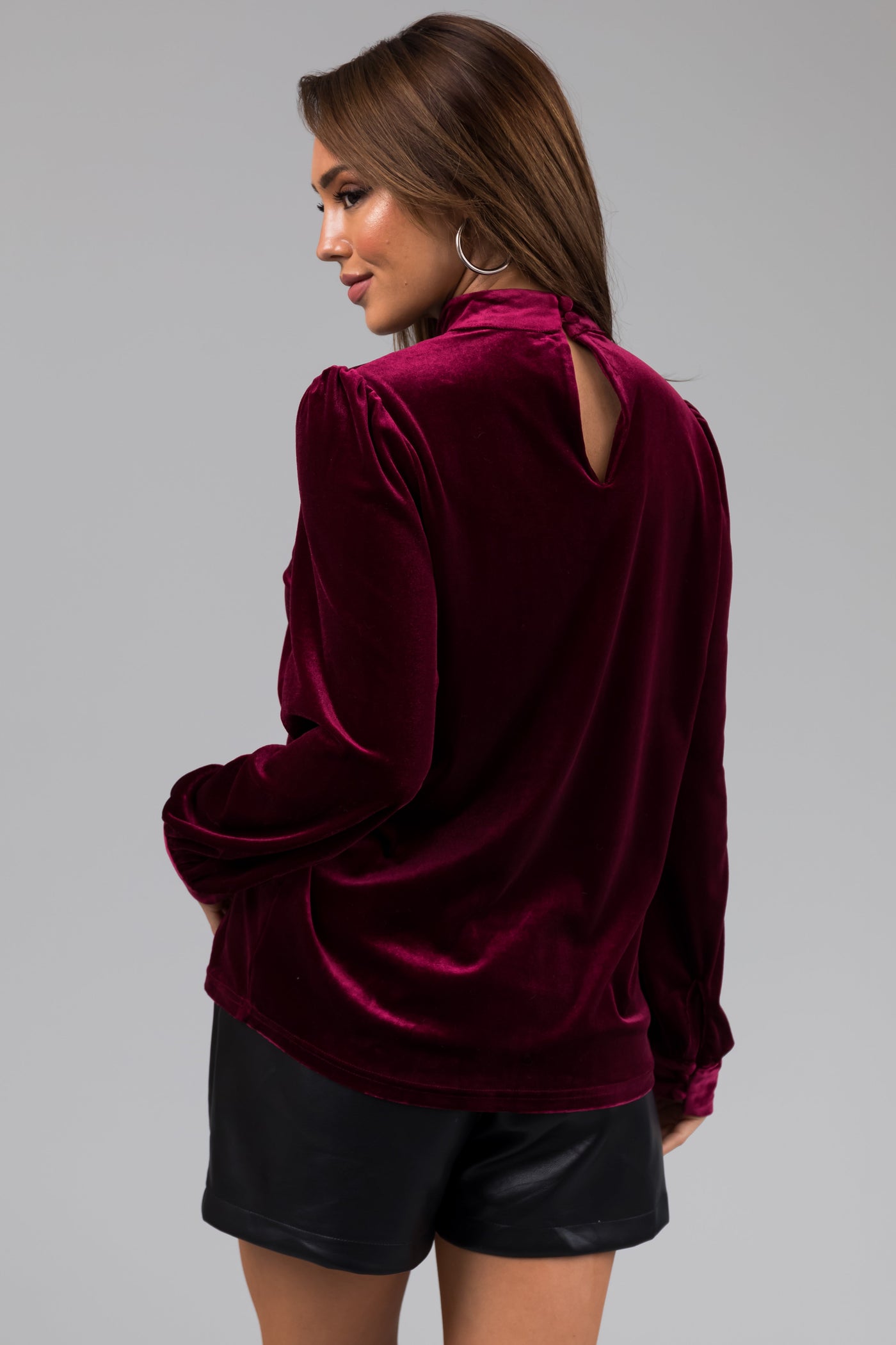 Wine Velvet Collared V Neck Cut Out Top
