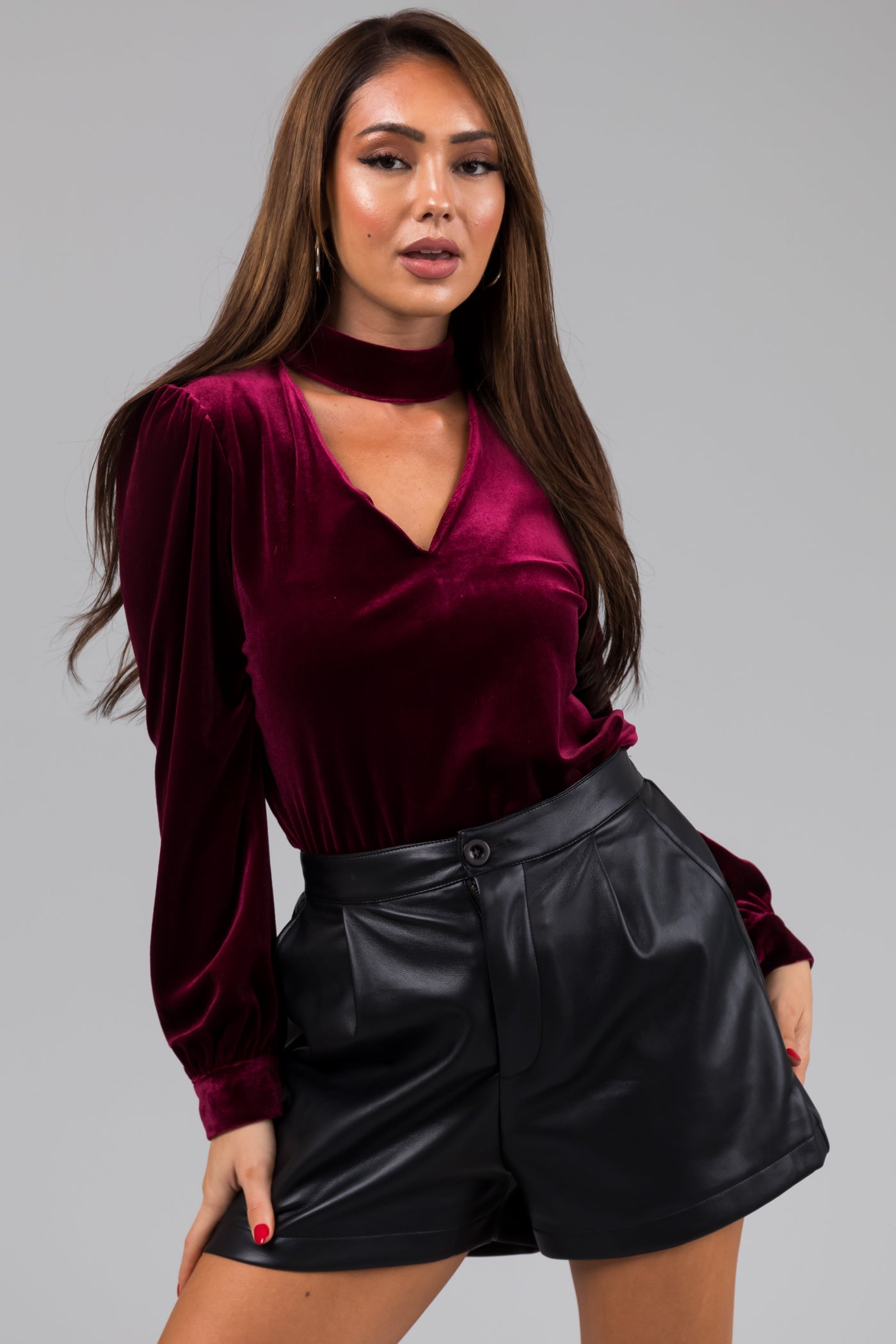 Wine Velvet Collared V Neck Cut Out Top