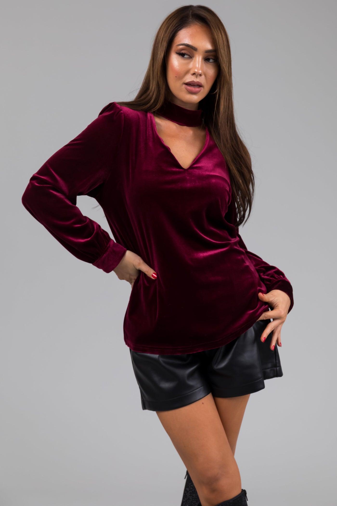 Wine Velvet Collared V Neck Cut Out Top