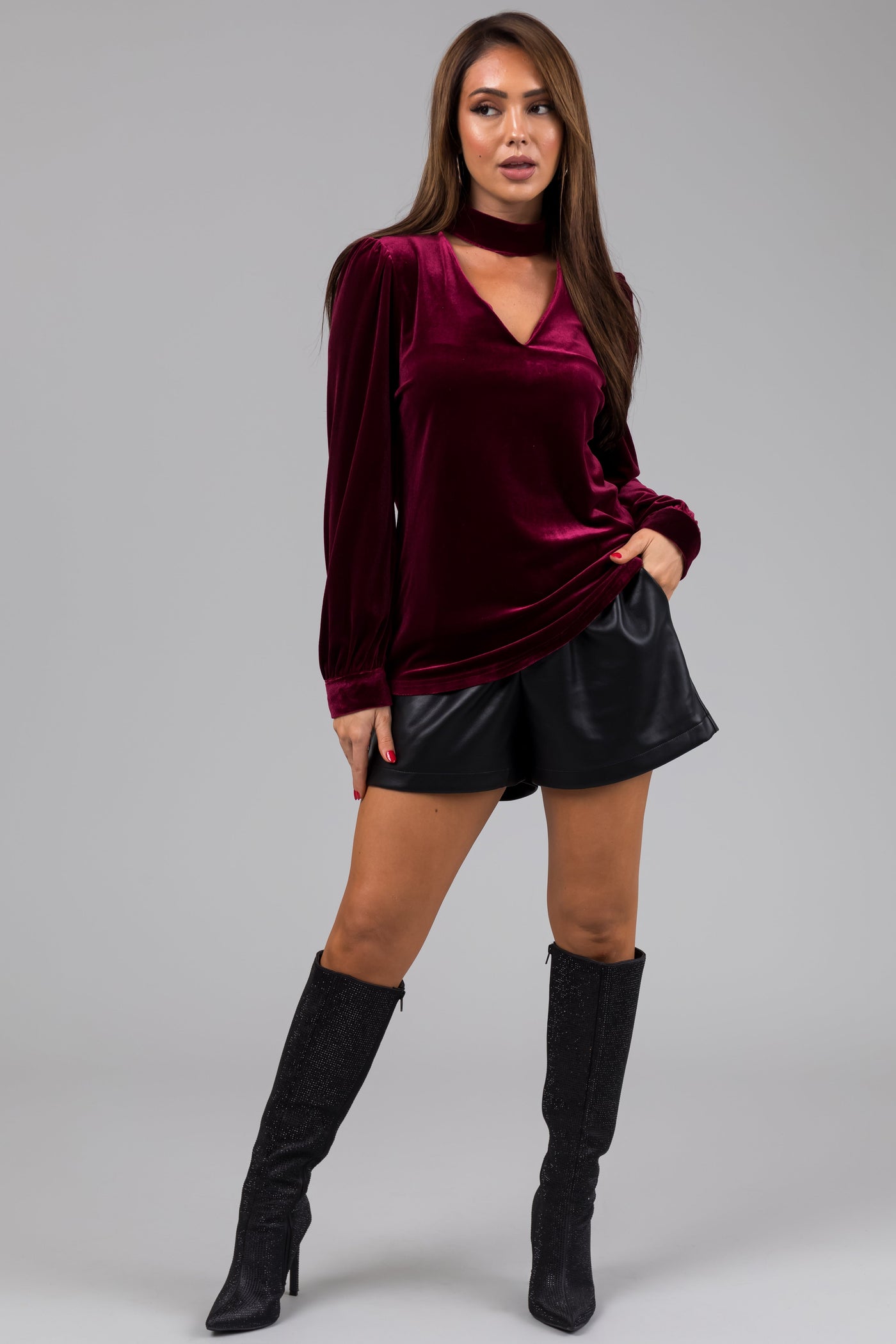 Wine Velvet Collared V Neck Cut Out Top