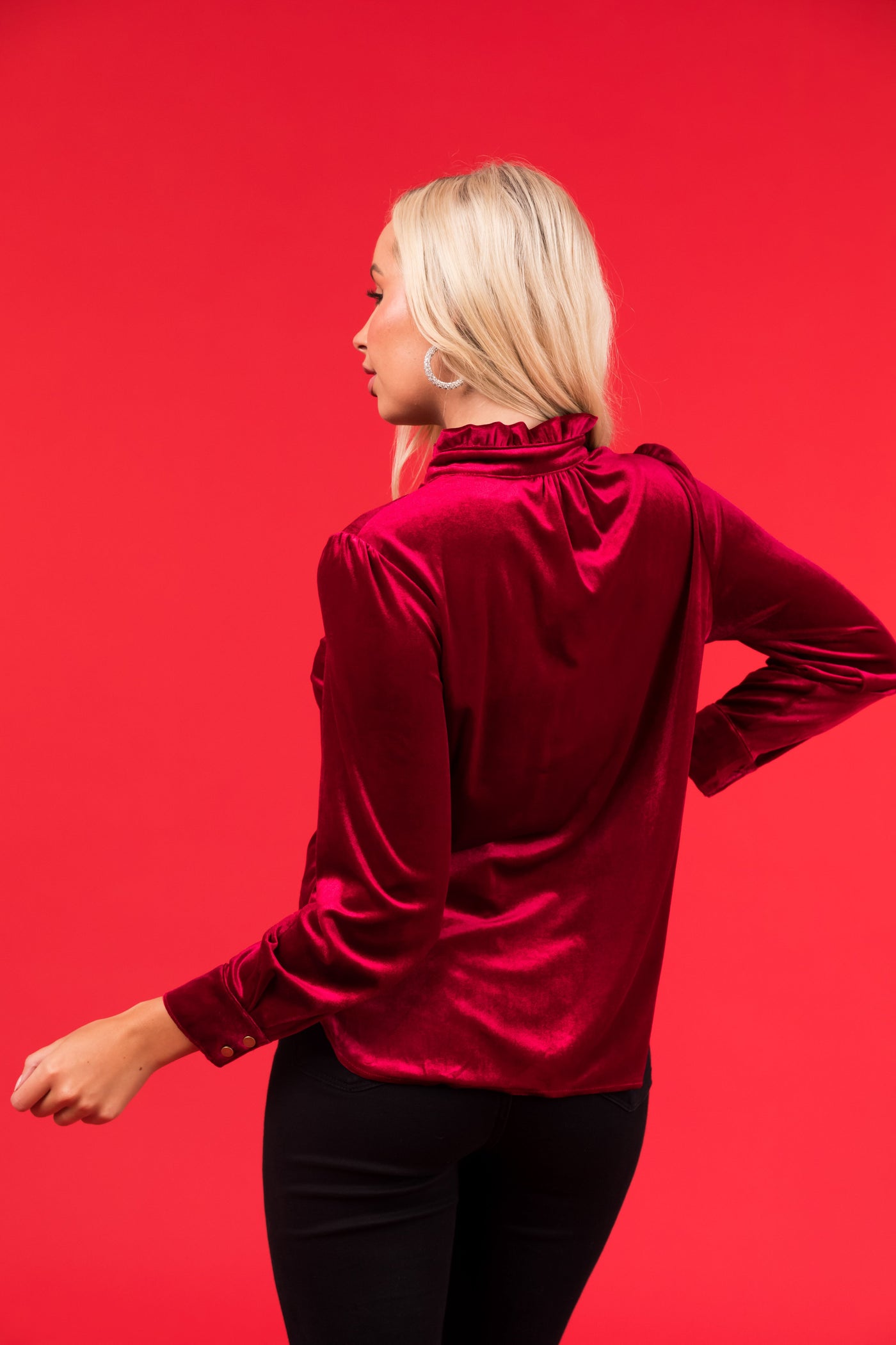 Wine Velvet Frilled Neck Half Button Top