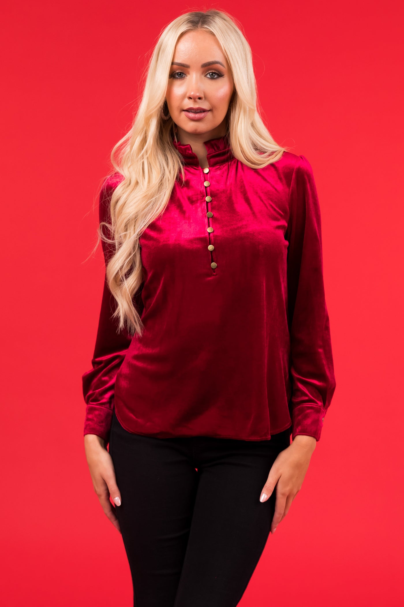 Wine Velvet Frilled Neck Half Button Top