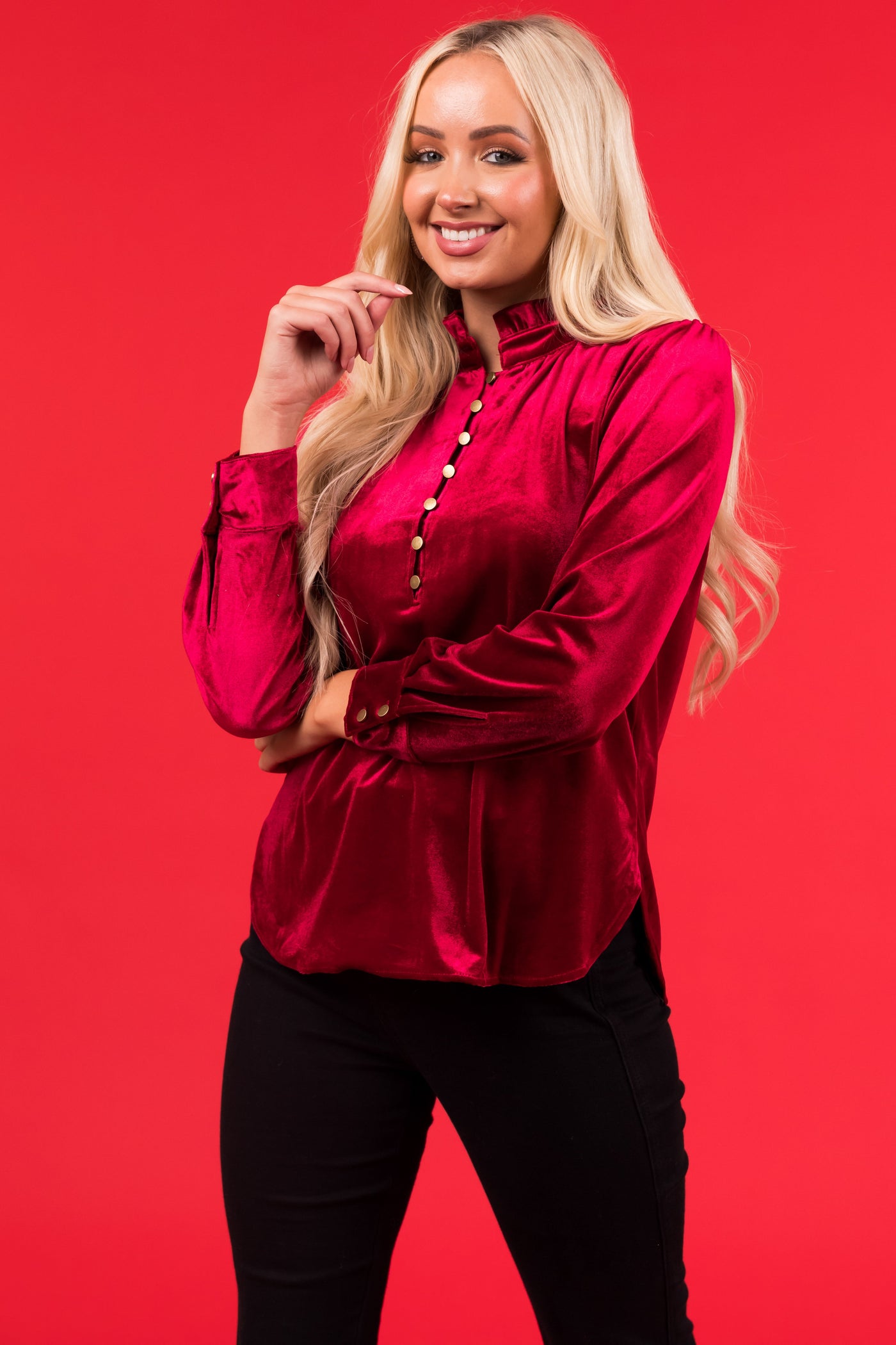 Wine Velvet Frilled Neck Half Button Top