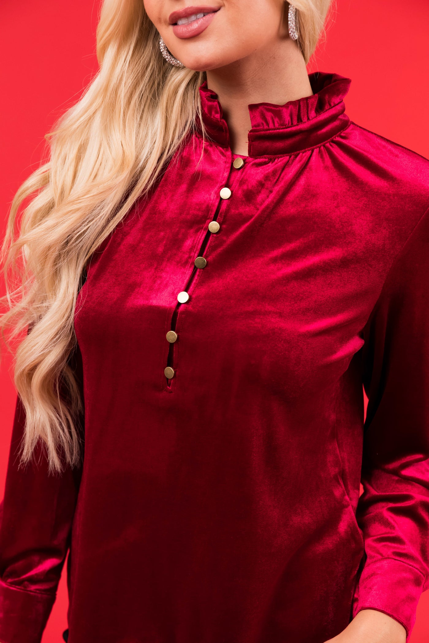Wine Velvet Frilled Neck Half Button Top