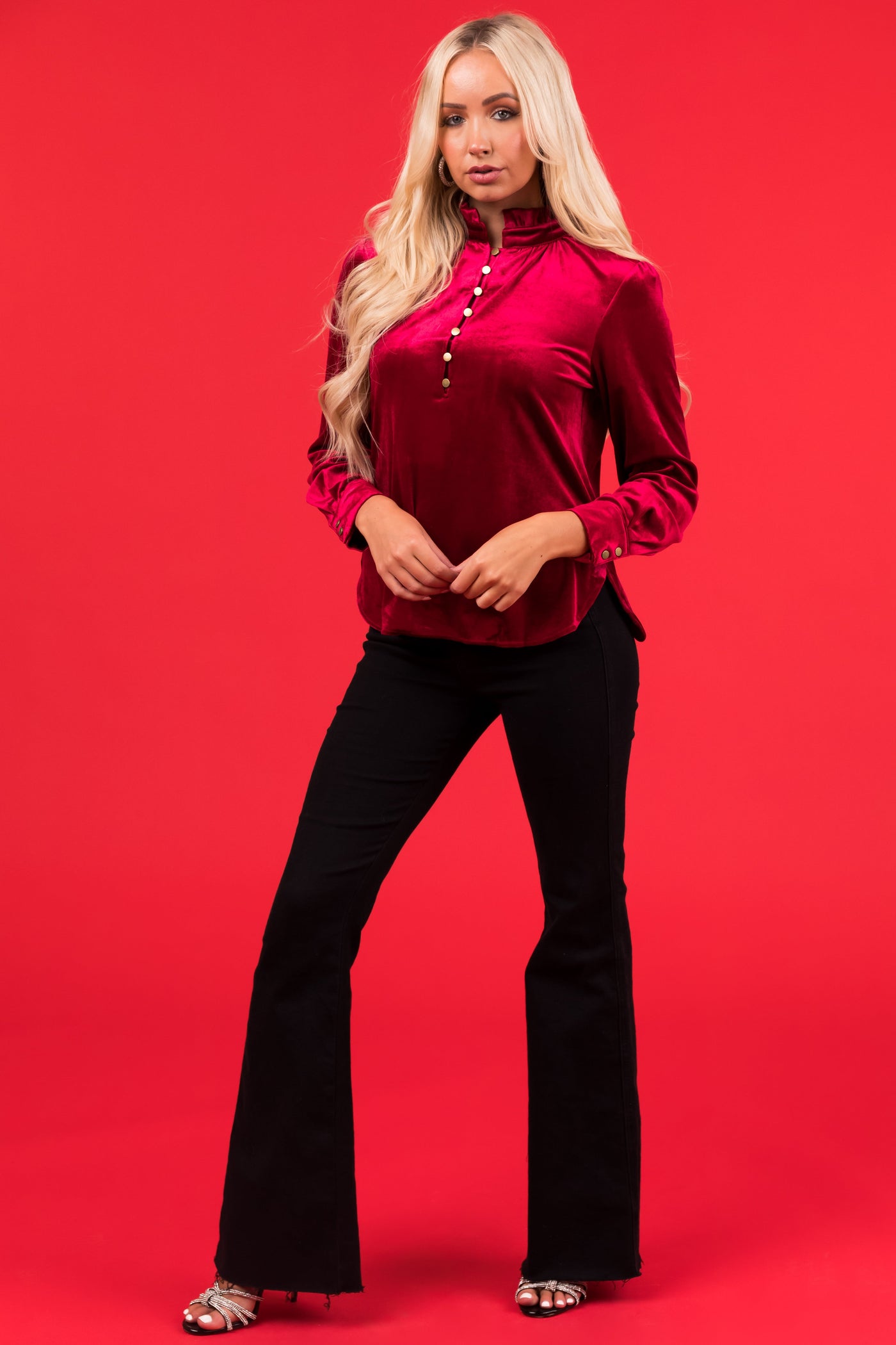 Wine Velvet Frilled Neck Half Button Top