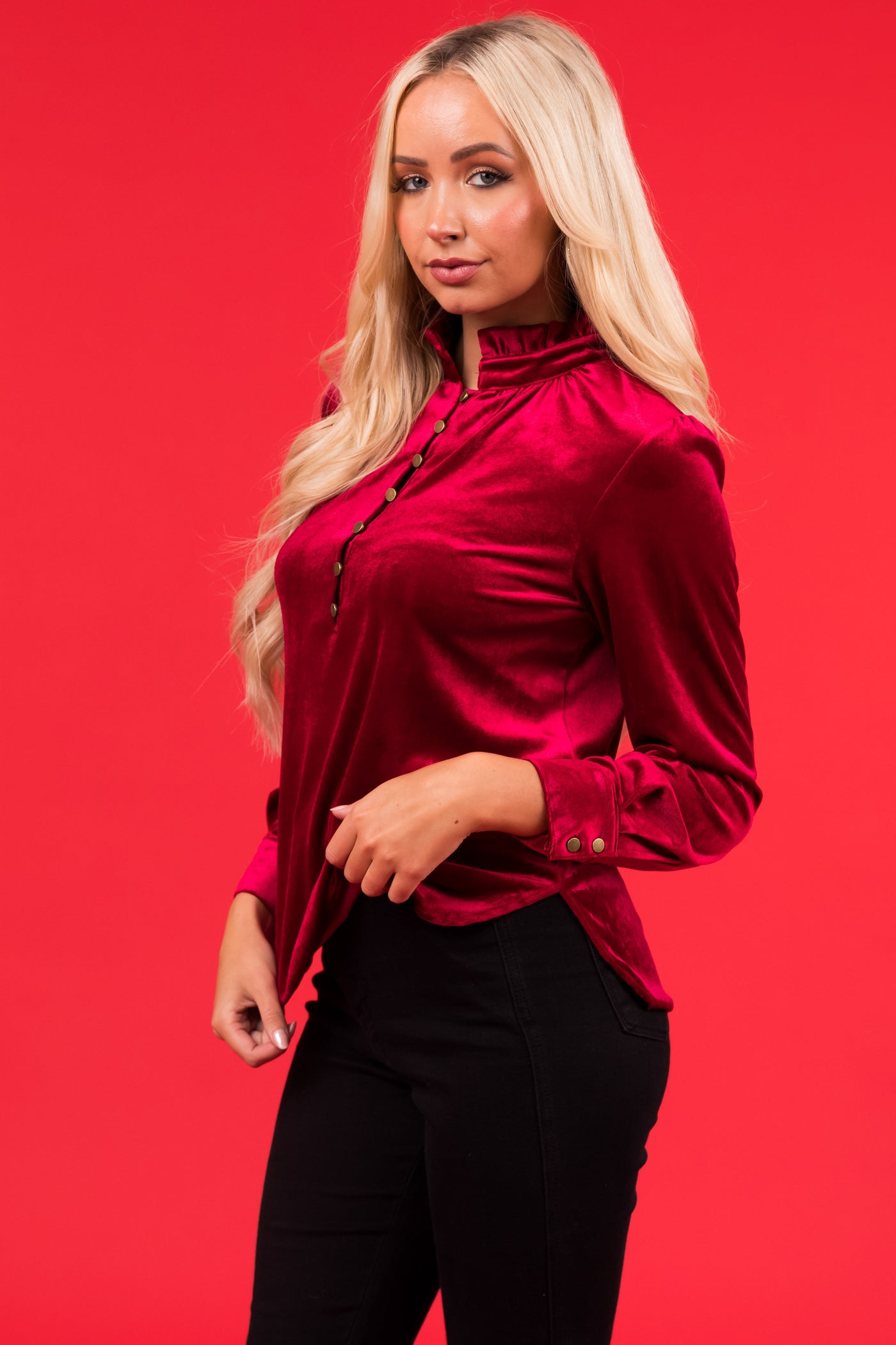 Wine Velvet Frilled Neck Half Button Top